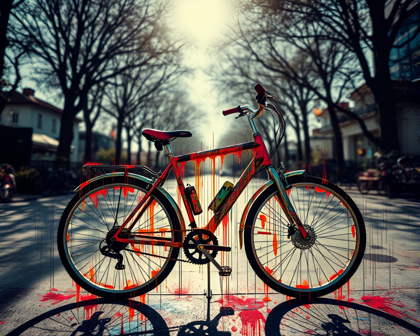 Kaleidoscope-effect solar bike surrounded by ink wash drips