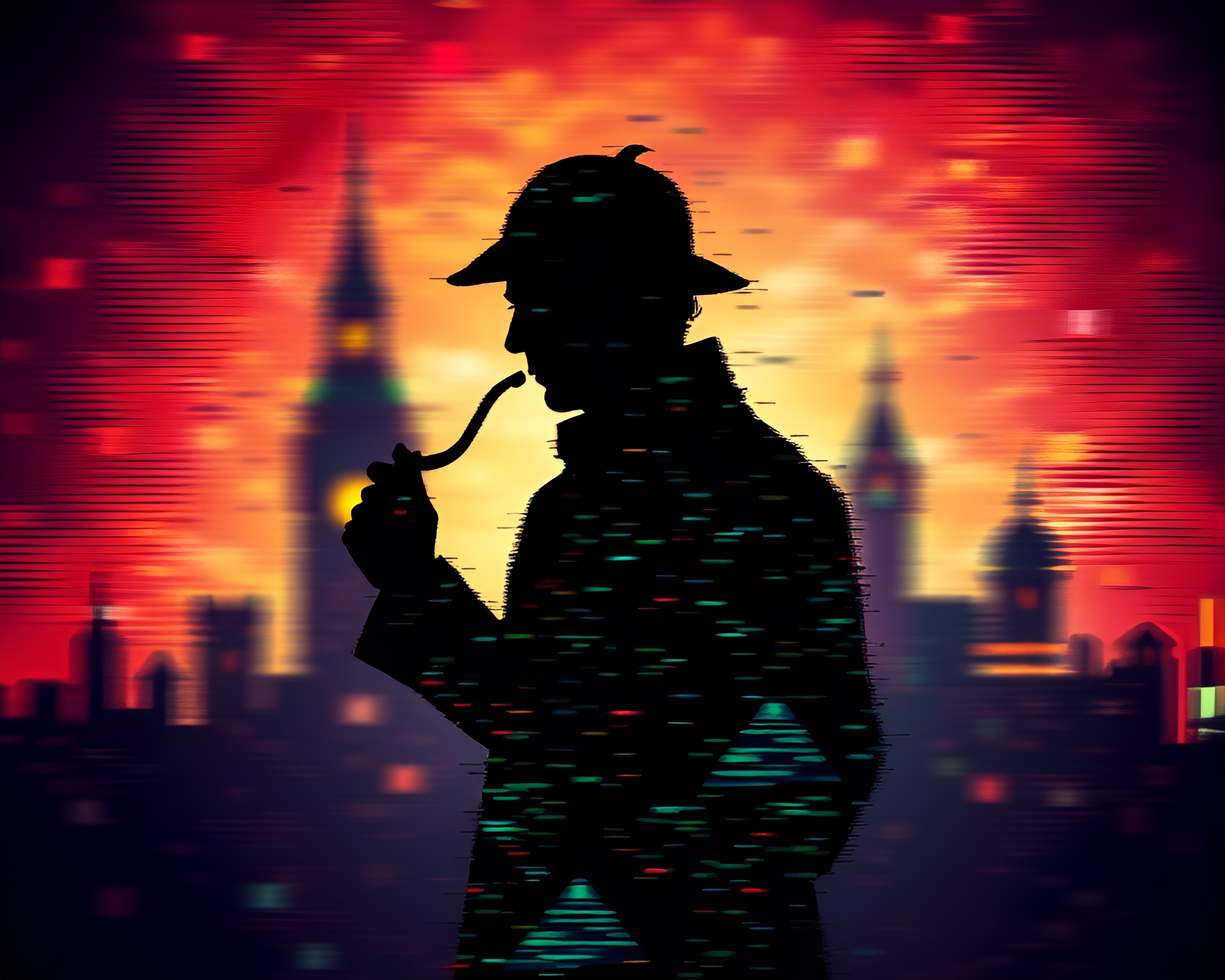 Glitchy Stippled Sherlock Holmes Silhouette – free AI stock image