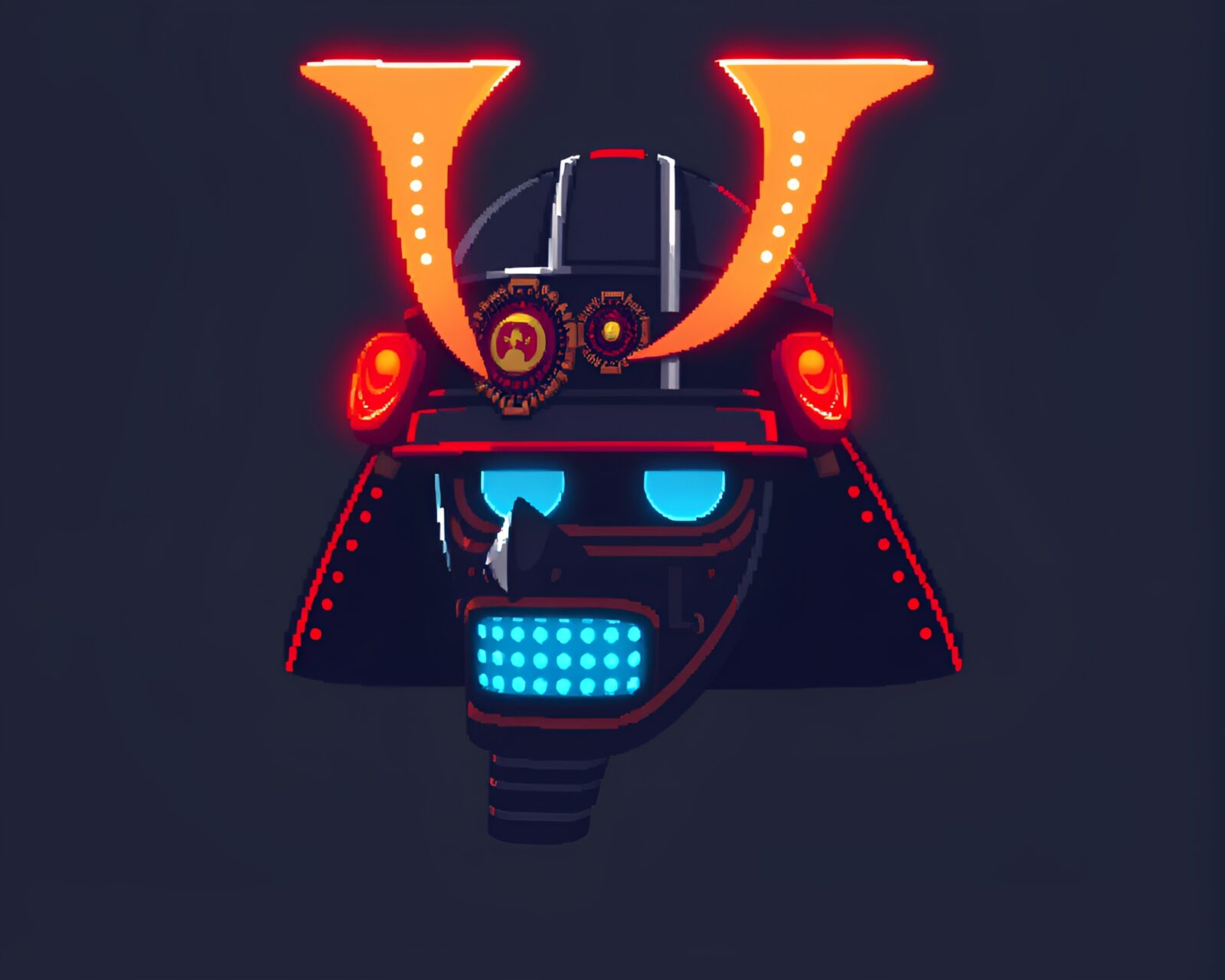 Retro pixel art samurai helmet on LED pixel grid