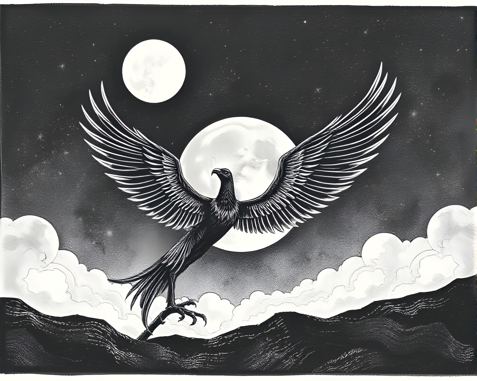Majestic Phoenix Rising in Lunar Grayscale Woodcut Print – free AI stock image