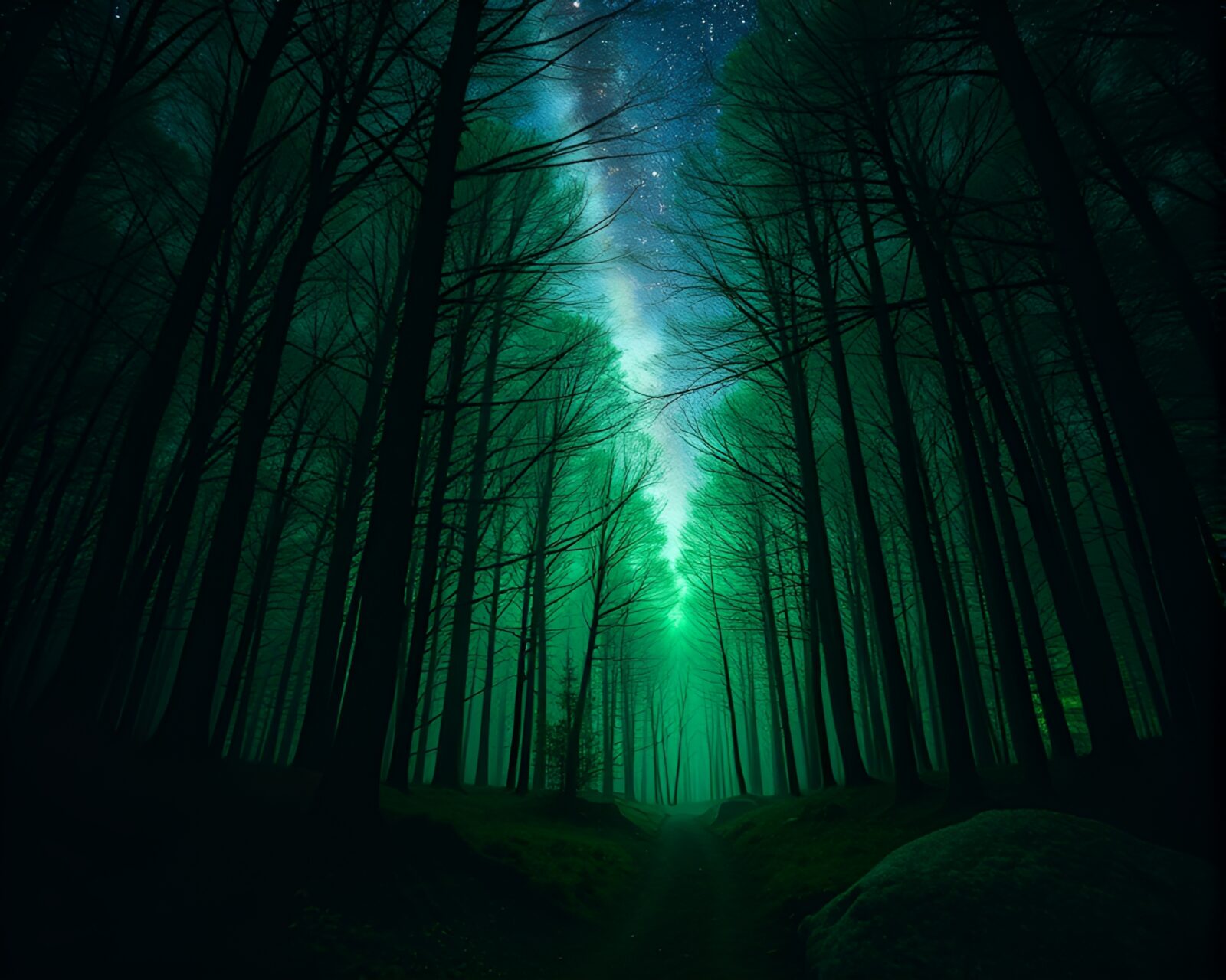 Twinkling binary code in mystical forest with glowing light
