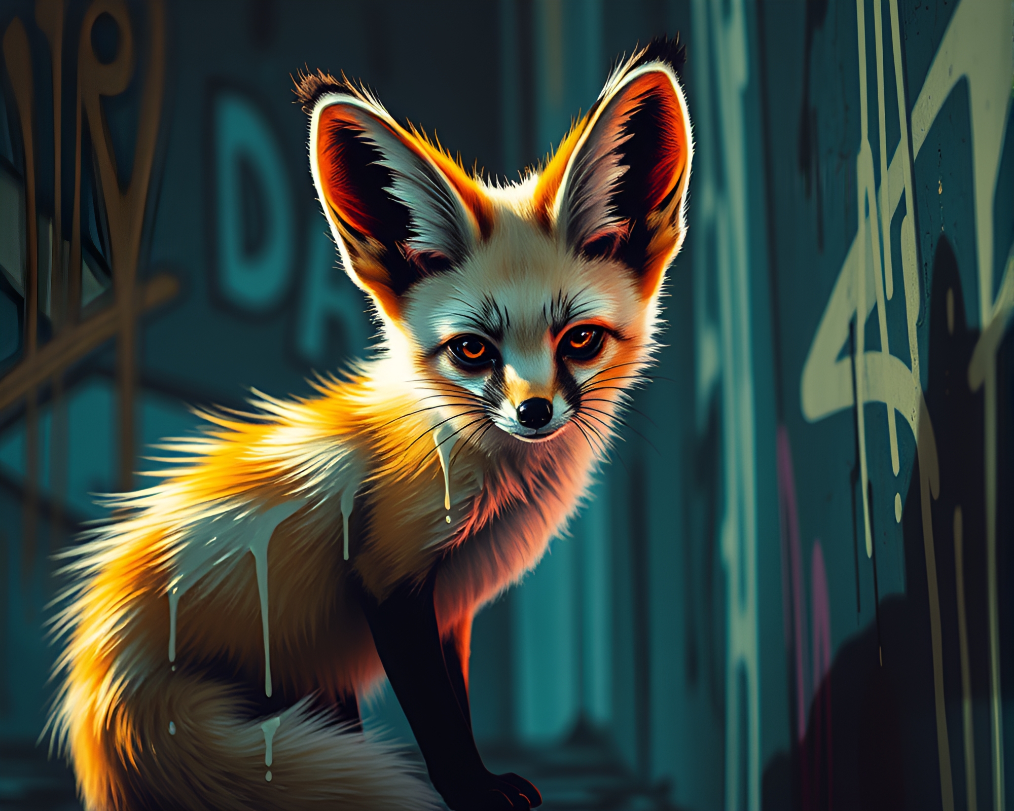 Surreal Graffiti Drips Surround Fennec Fox in Brightness – free AI stock image