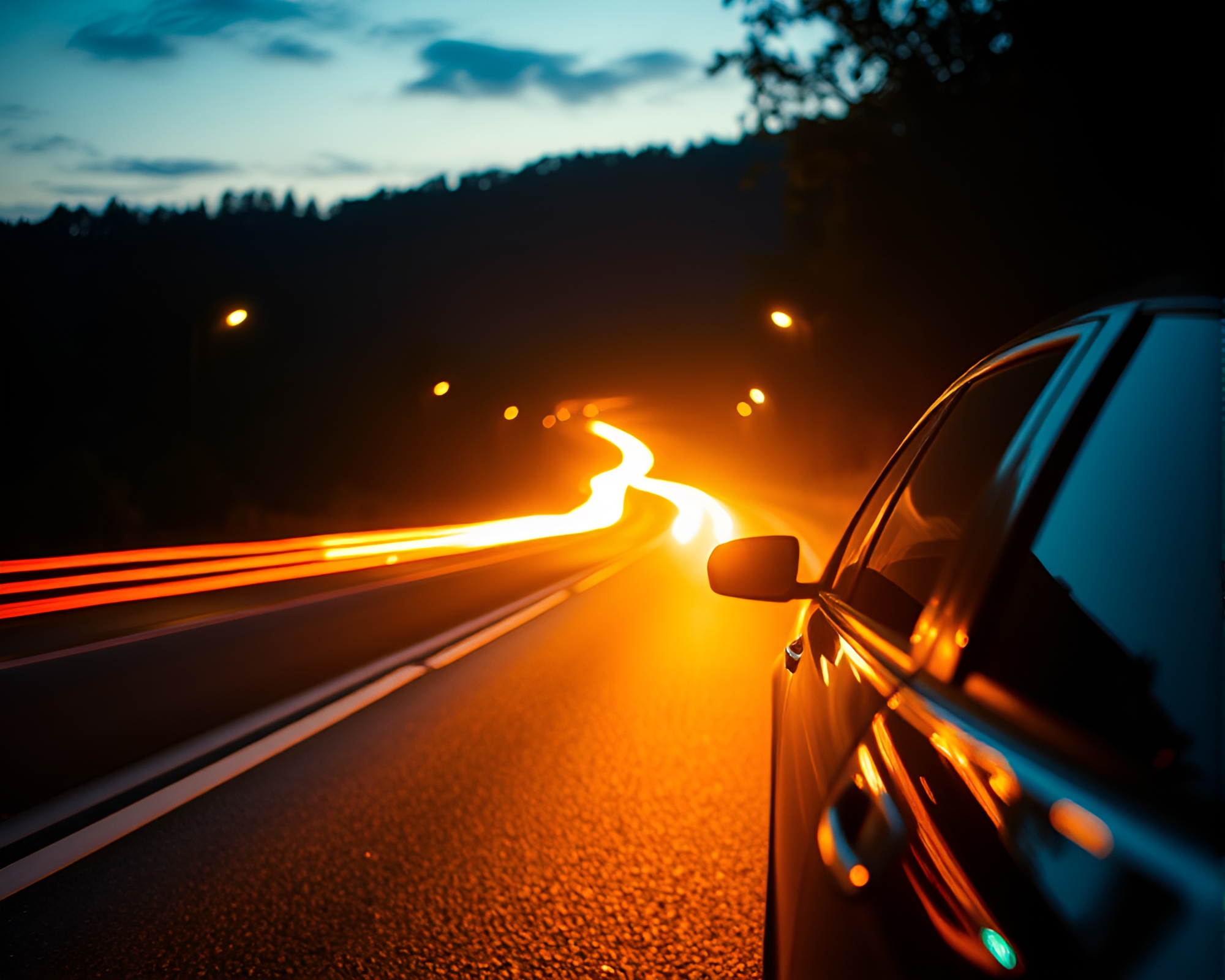 Silk Kimono Car Light Trails at Golden Hour – free AI stock image