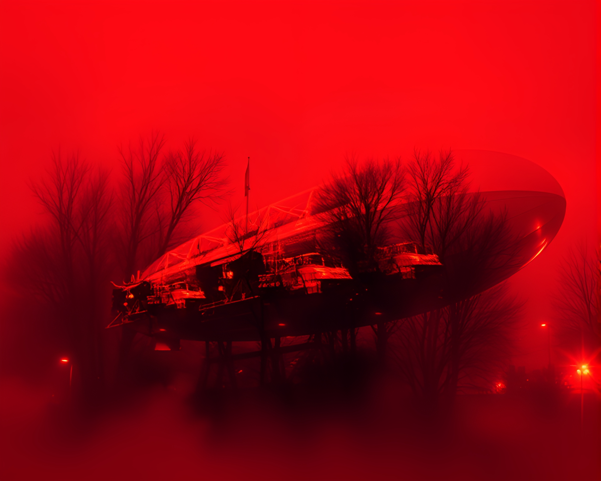 Surreal Zeppelin Double Exposure in Brick Red Light – free AI stock image