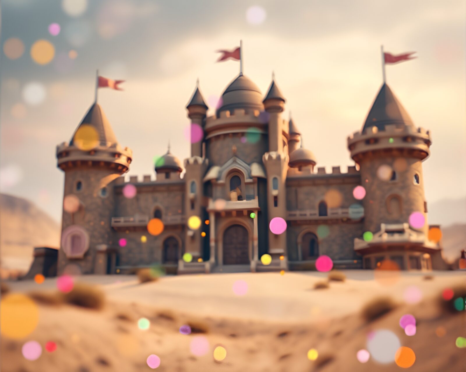 Vibrant desert castle with colorful confetti-like lighting