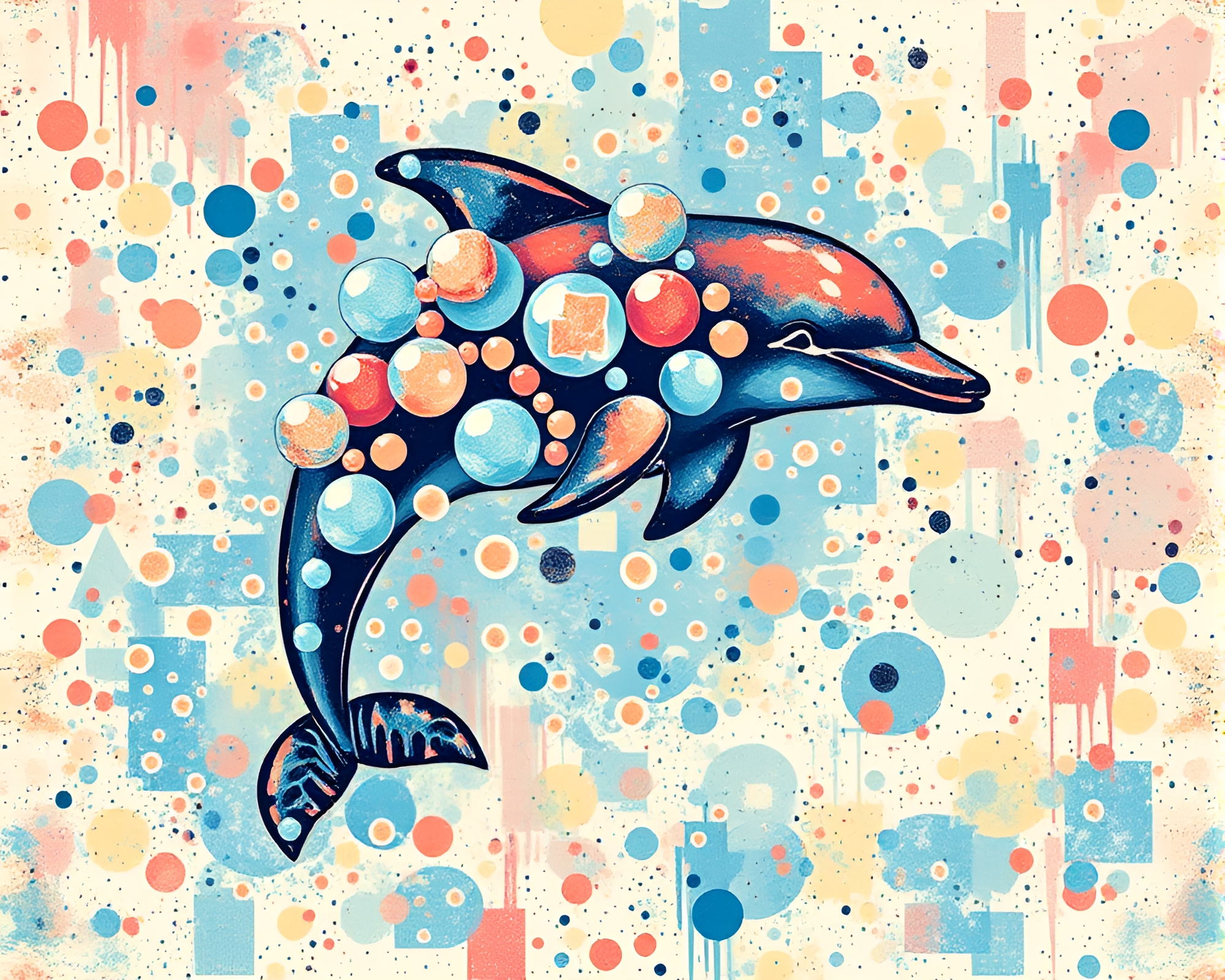 Dolphin Bubble Cluster Woodcut Scene – free AI stock image