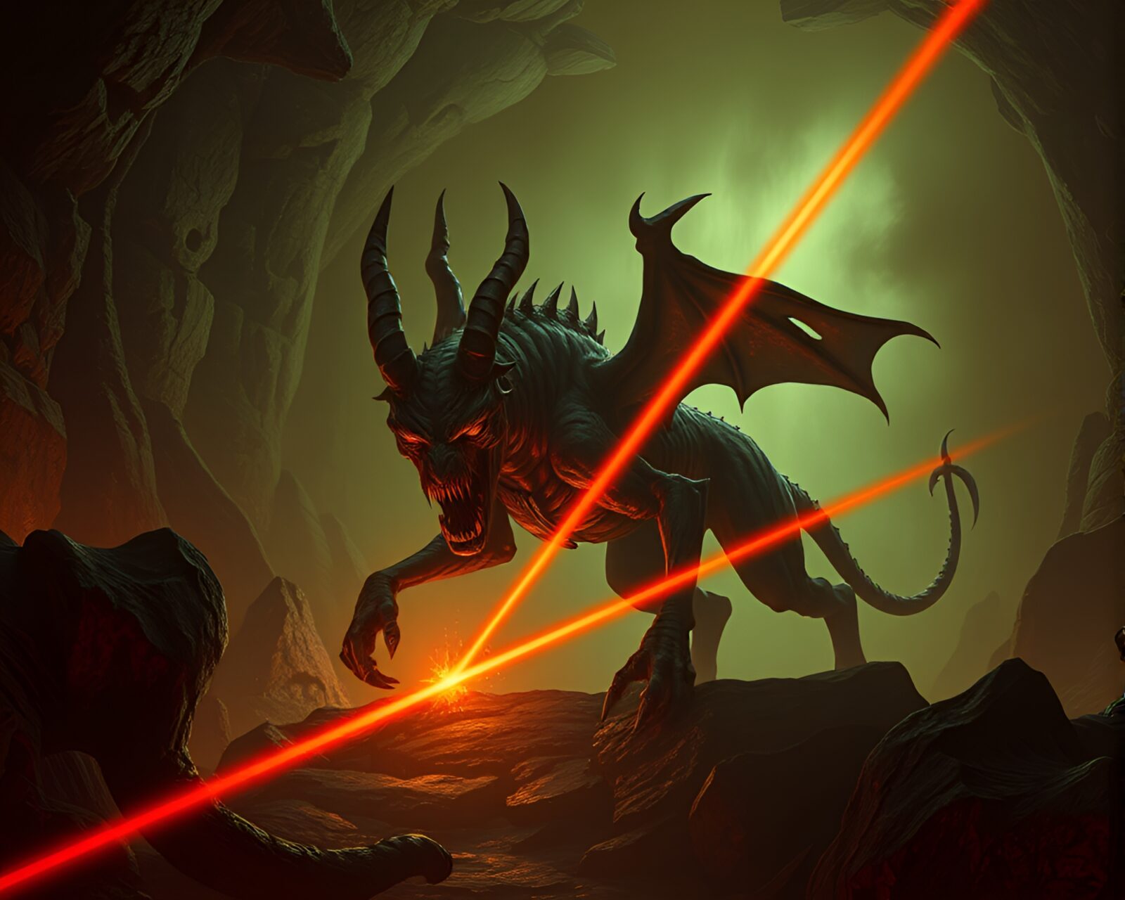 A fantastical creature guarding a futuristic path in a mystical dungeon