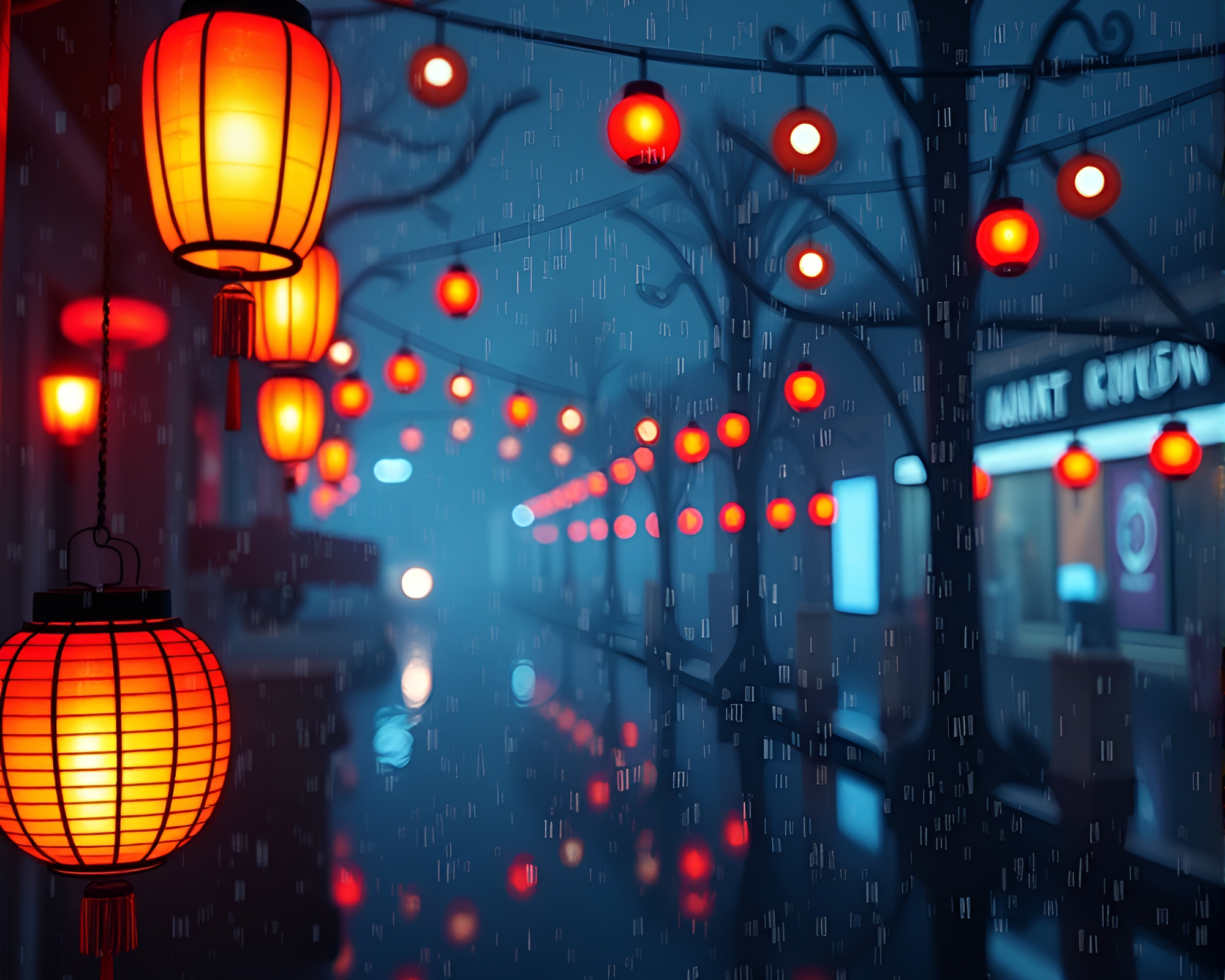 Rainy Reflections: Paper Lantern in Low-Poly 3D – free AI stock image