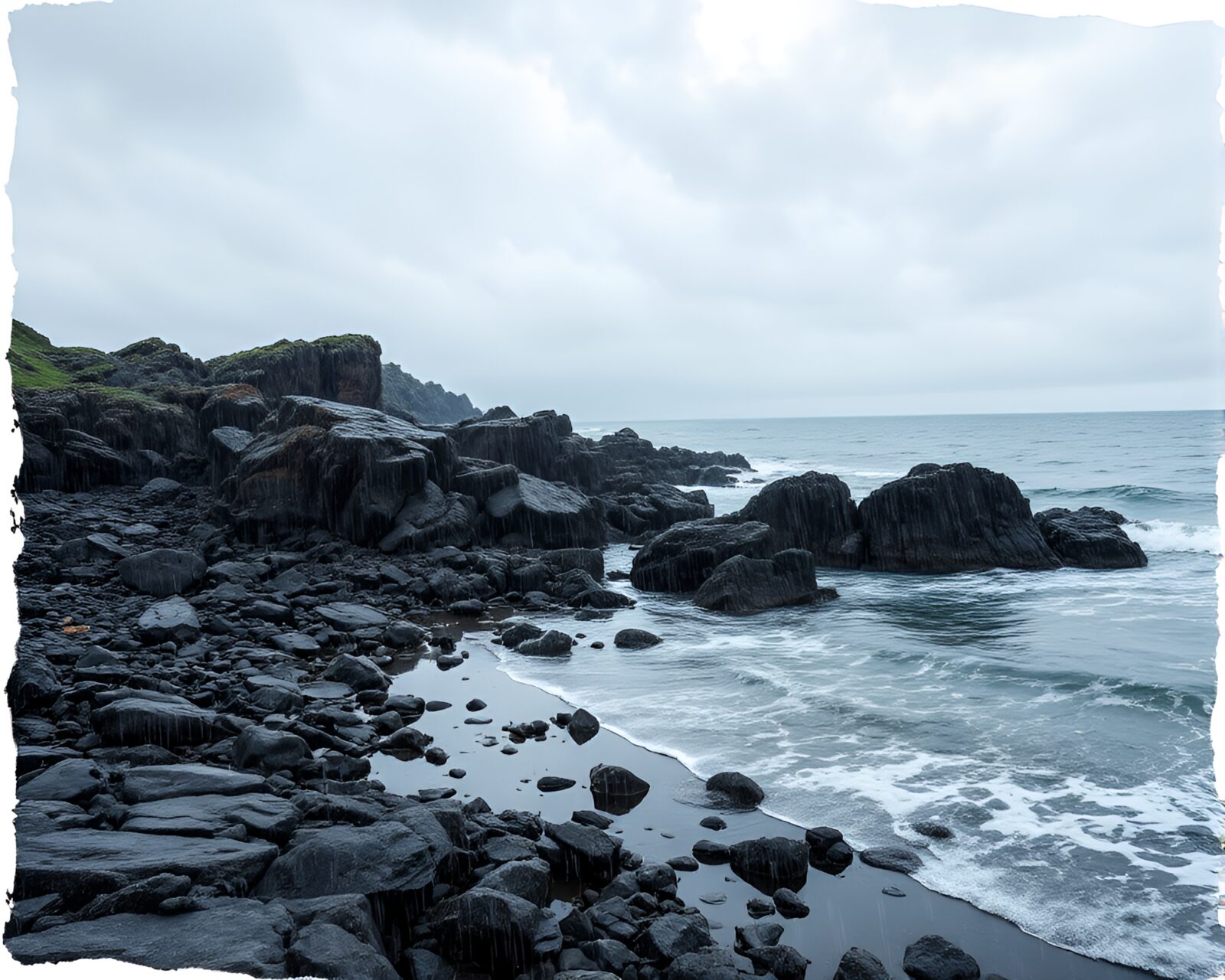 Data visualization of rocky coastline in rainy weather