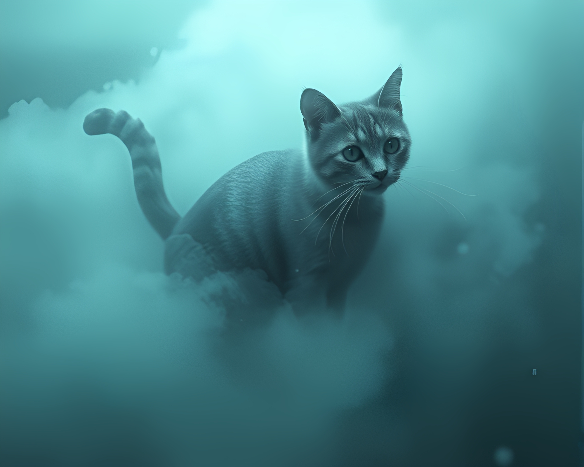 Surreal Schrodinger’s Cat in Fluid Foggy Depths – free AI stock image