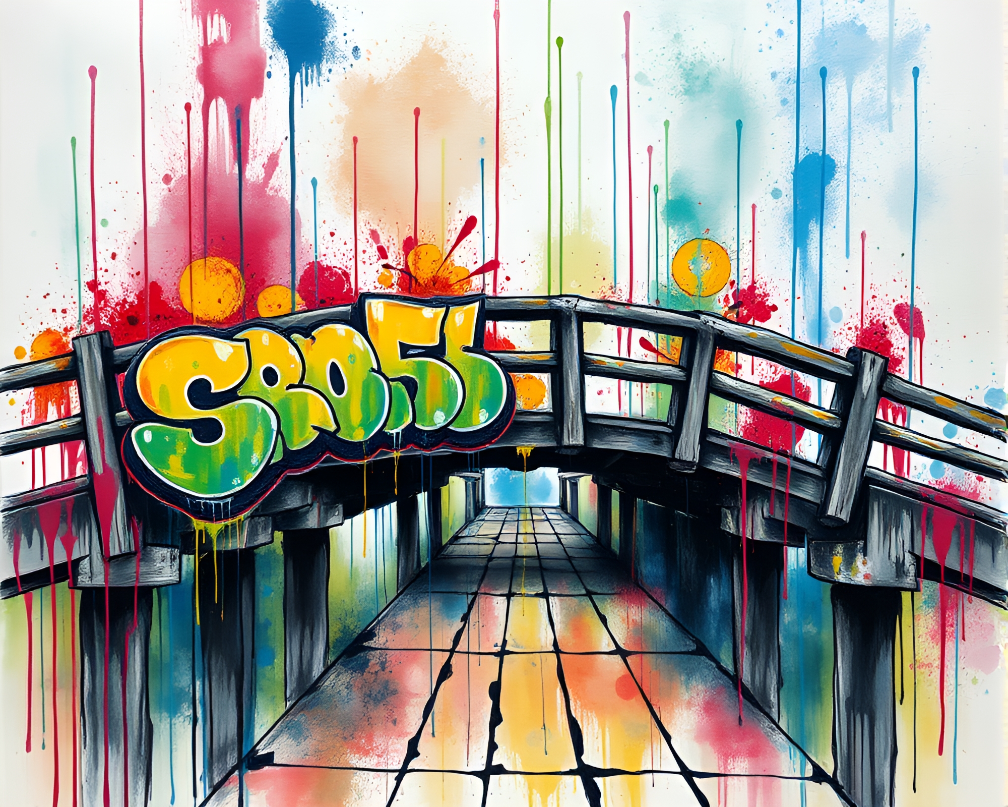 Graffiti Drip Wooden Bridge Over Acid Wash River – free AI stock image