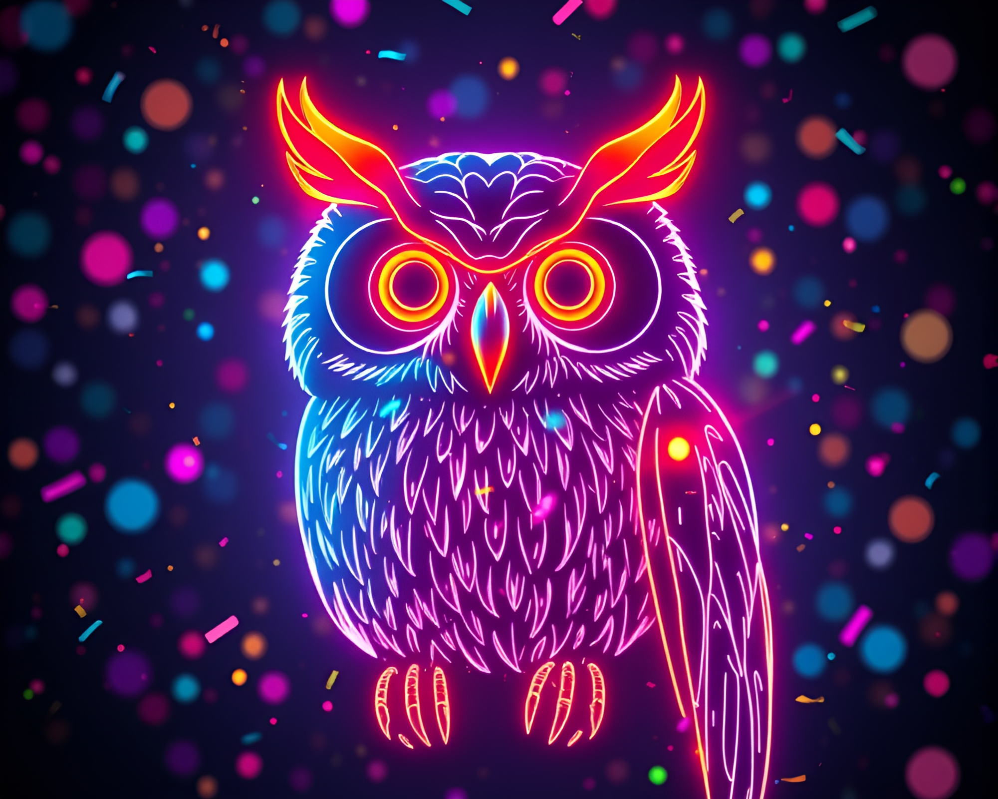 Neon Owl Wireframe in Confetti Color Burst – free AI stock image