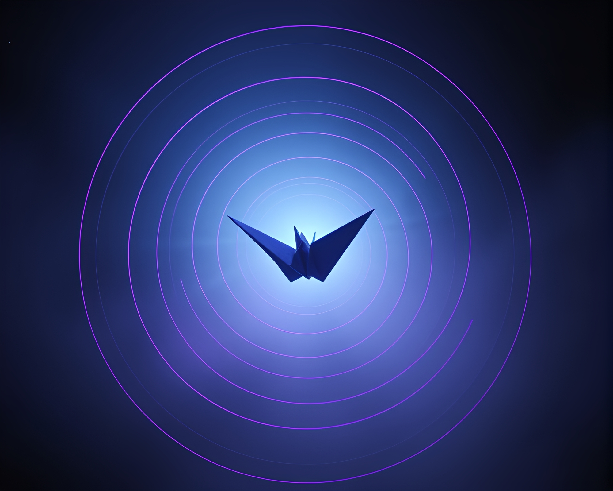 Synthwave Origami Crane in Foggy Concentric Circles – free AI stock image