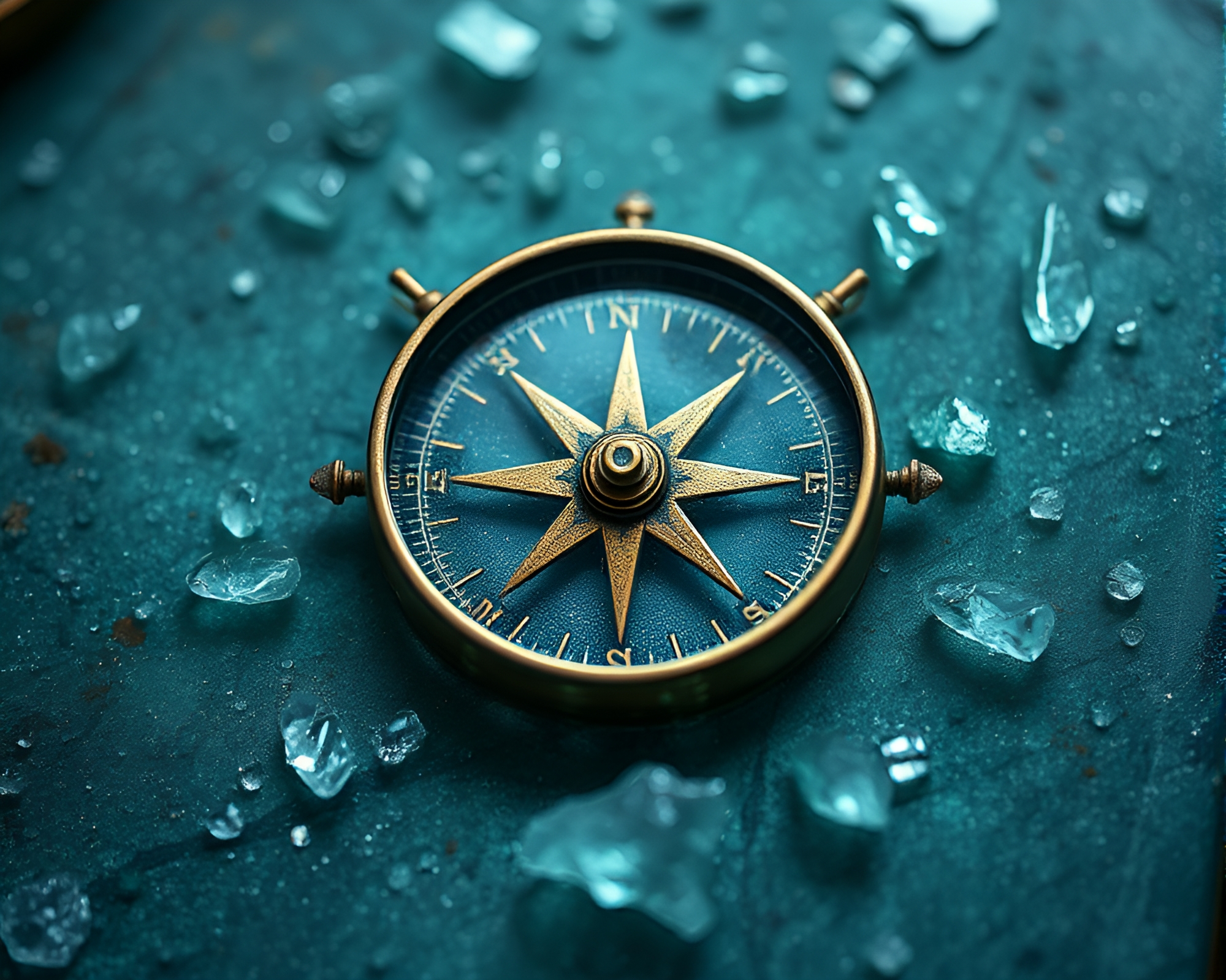 Mystical Ice Crystals Surround Antique Compass in Forest Hologram – free AI stock image