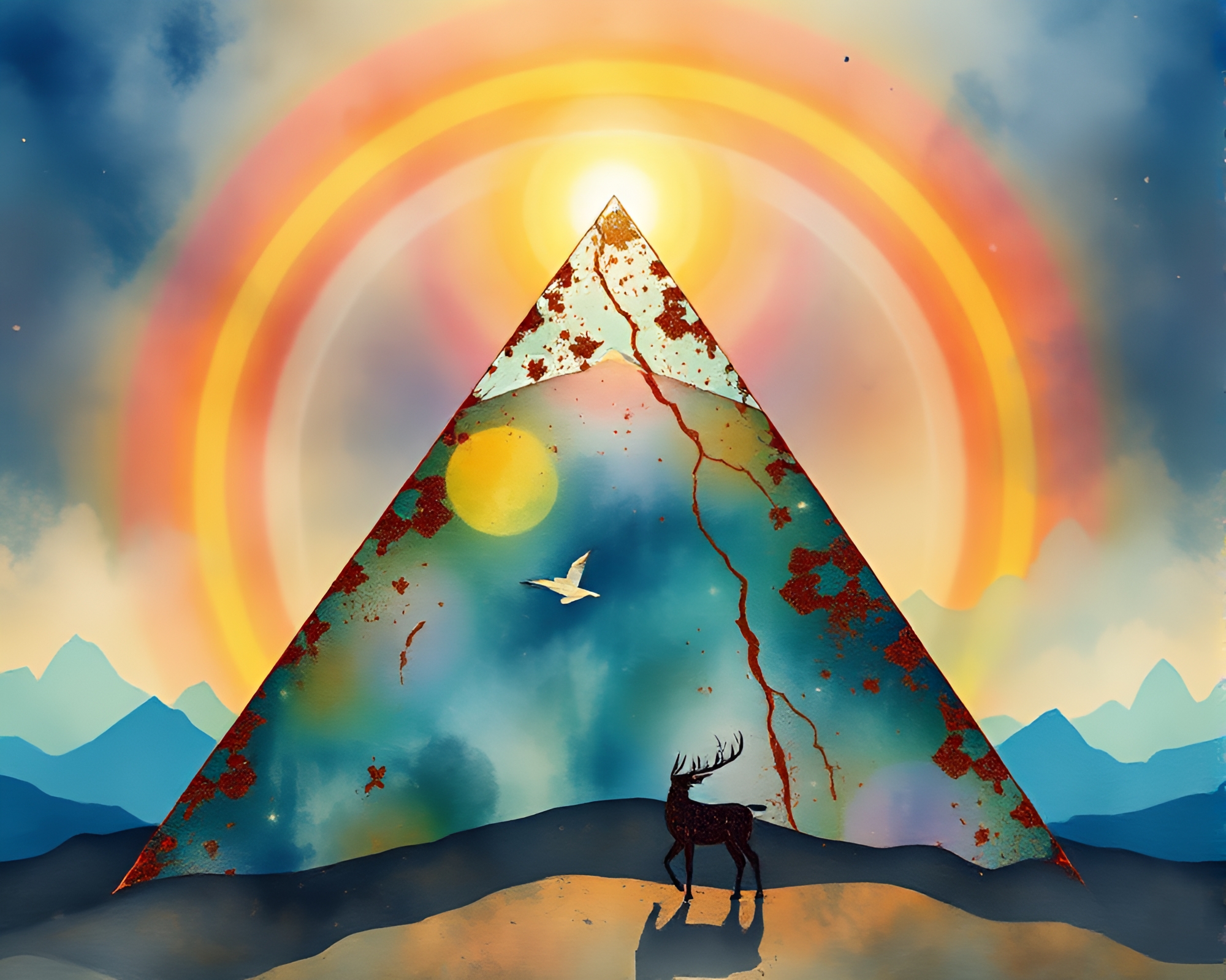 Cosmic Rainbow Pyramid Emerged from Rust Patina Wilderness – free AI stock image