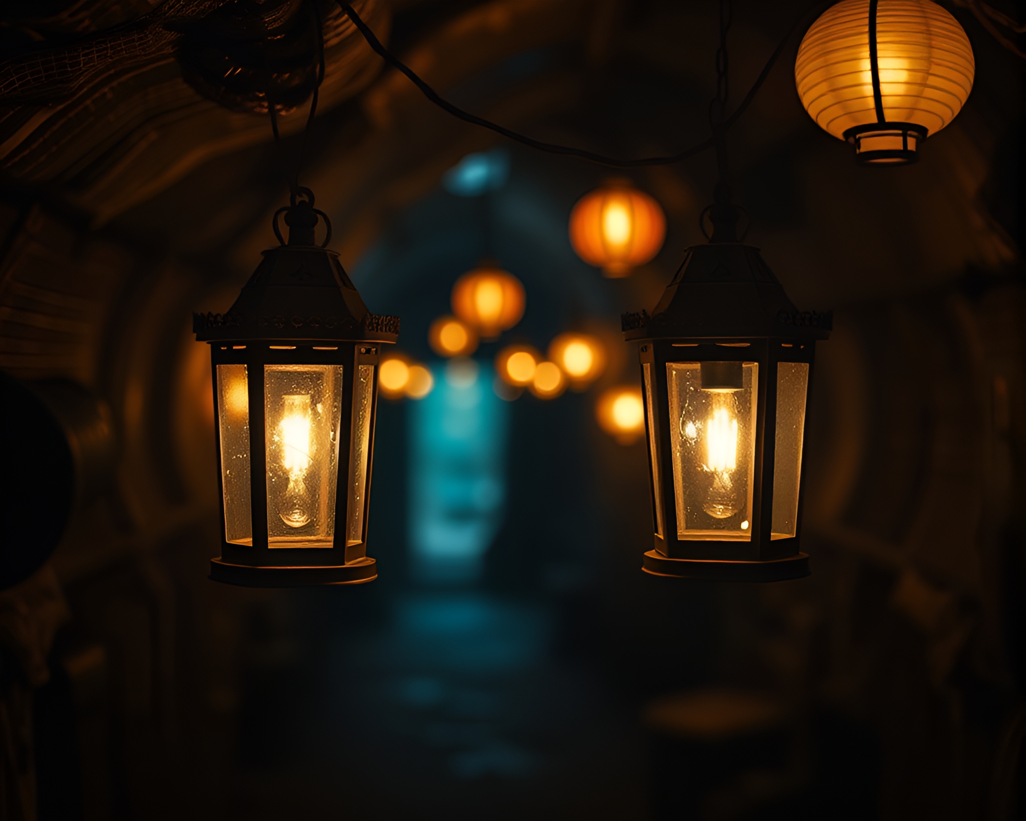 Enchanting Lantern-Lit Basement Panorama – free AI stock image