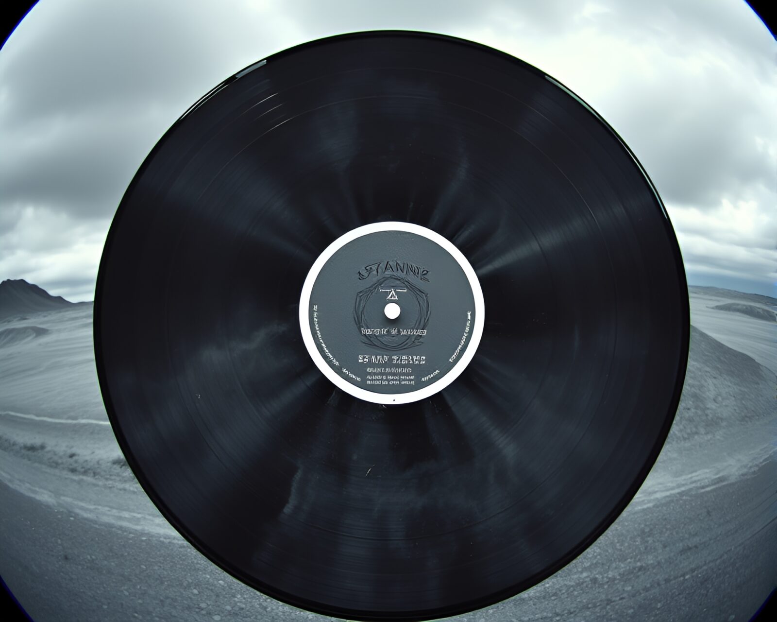 Fisheye view capturing volcanic ash tinted vinyl records in thermal imaging style.