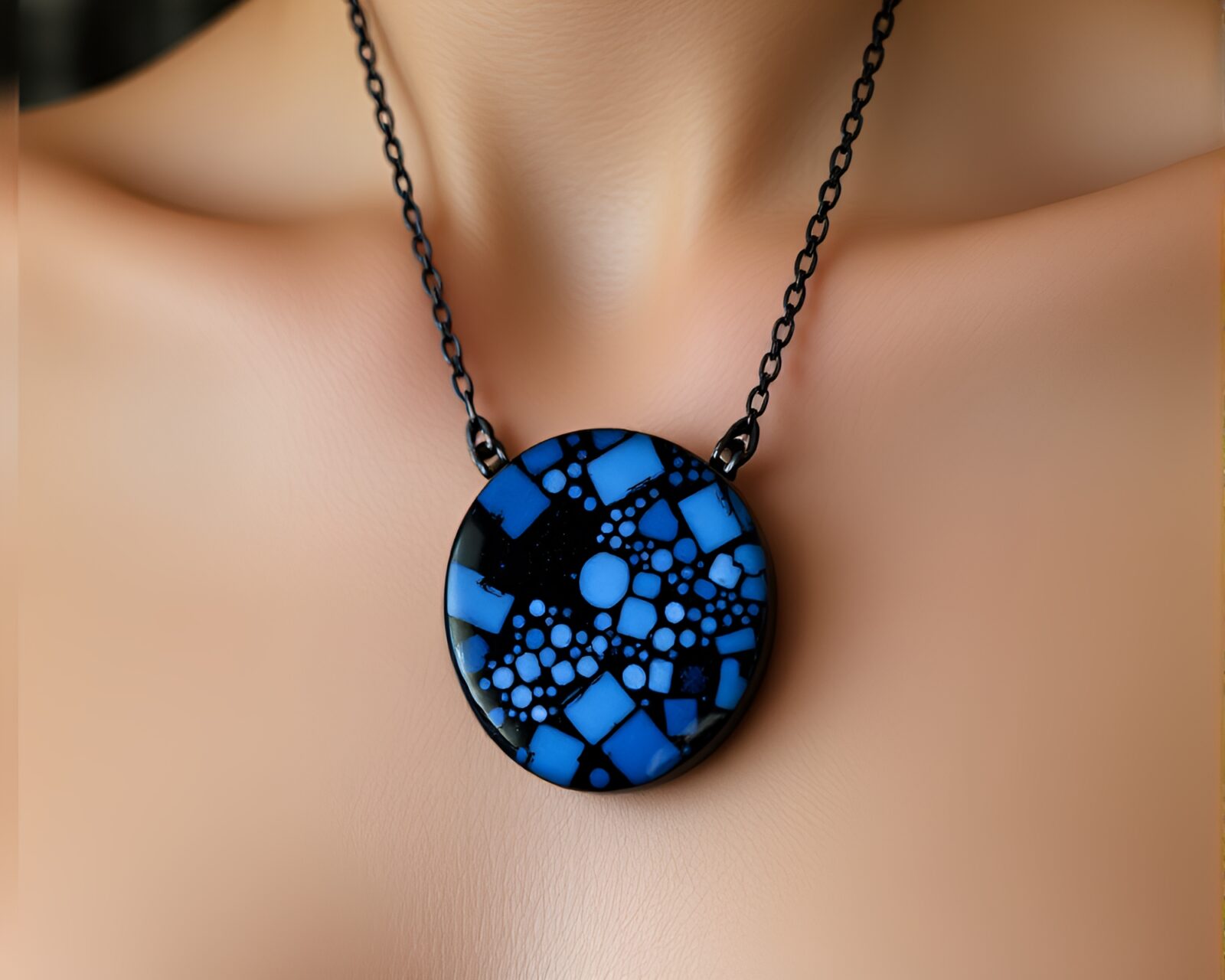Monochrome blue sgraffito art of pixelated necklace design
