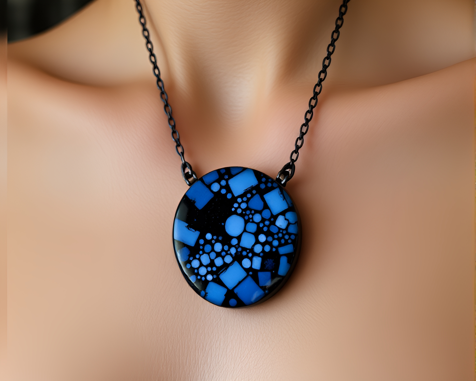 Pixelated Blue Necklace in Sgraffito Style – free AI stock image