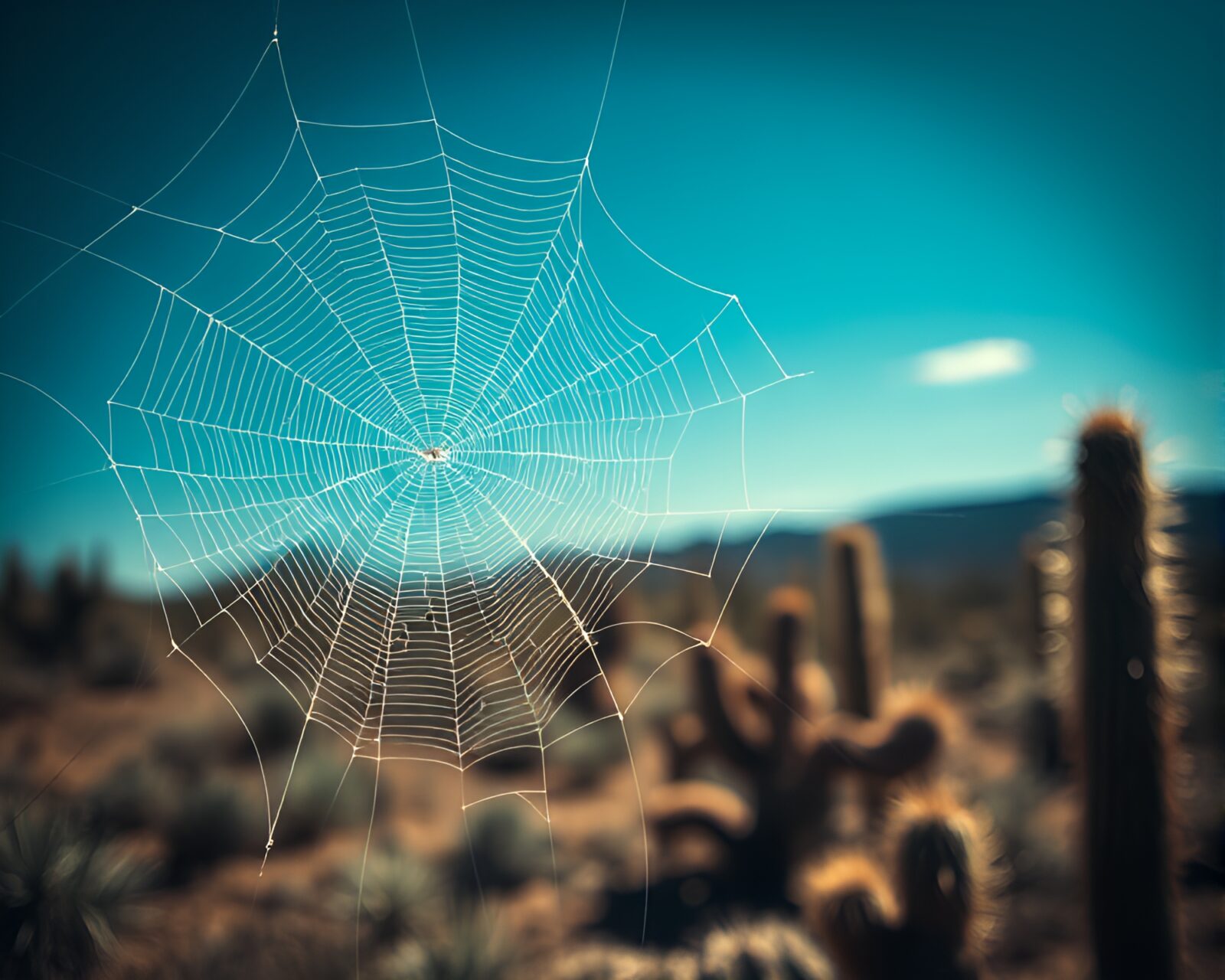 A vibrant, cross-processed desert scene with a cactus covered in delicate cobwebs