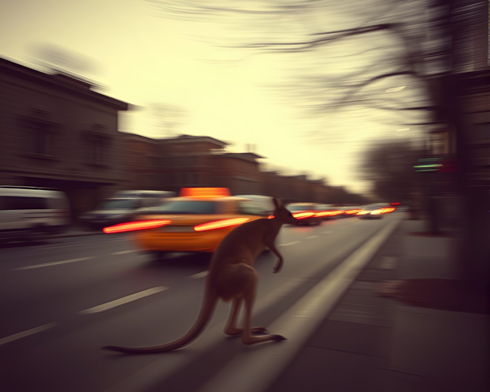 A divisionism style painting of a kangaroo amidst taxis.