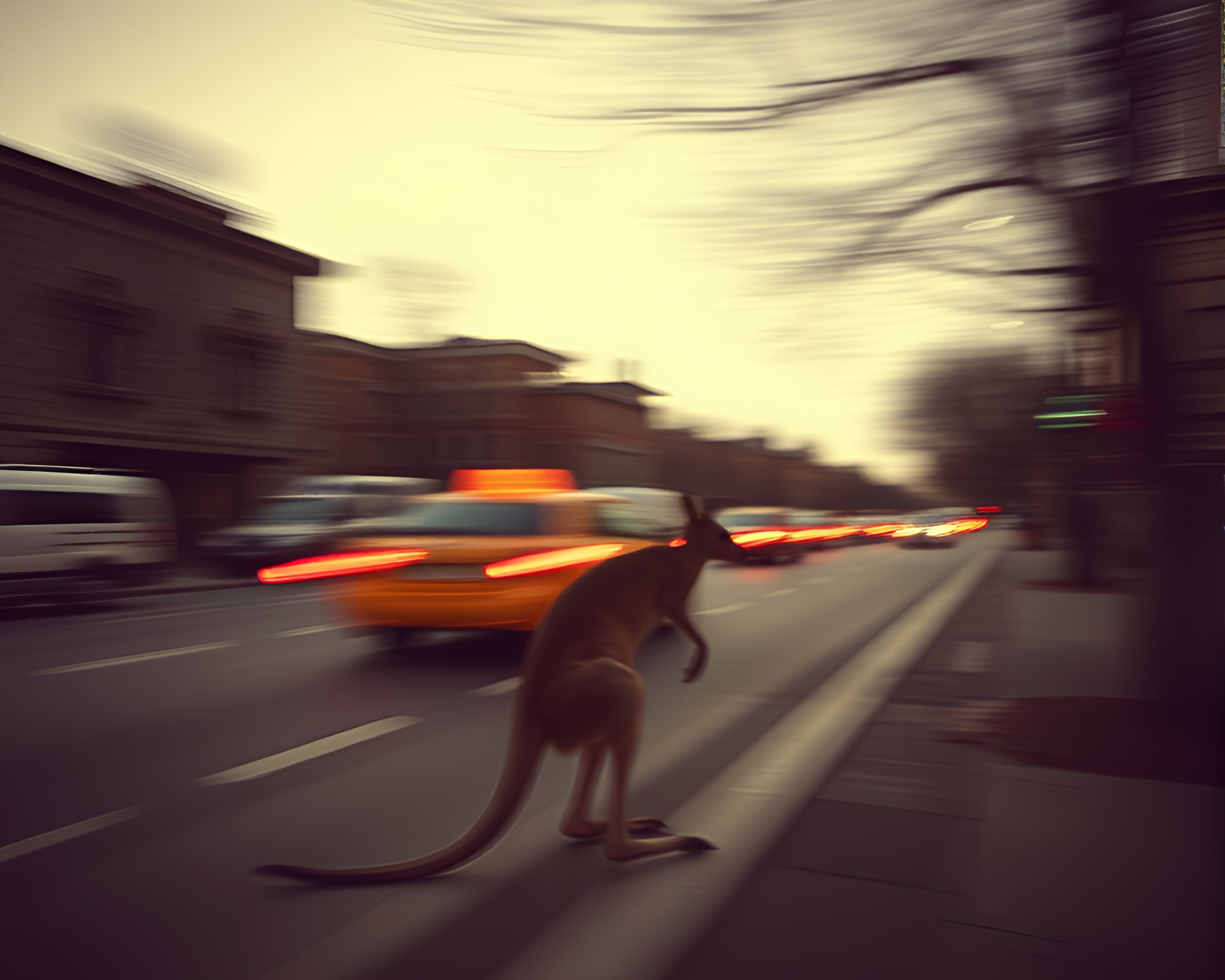 Urban Kangaroo: Taxi Streaks and Muted Shadows – free AI stock image