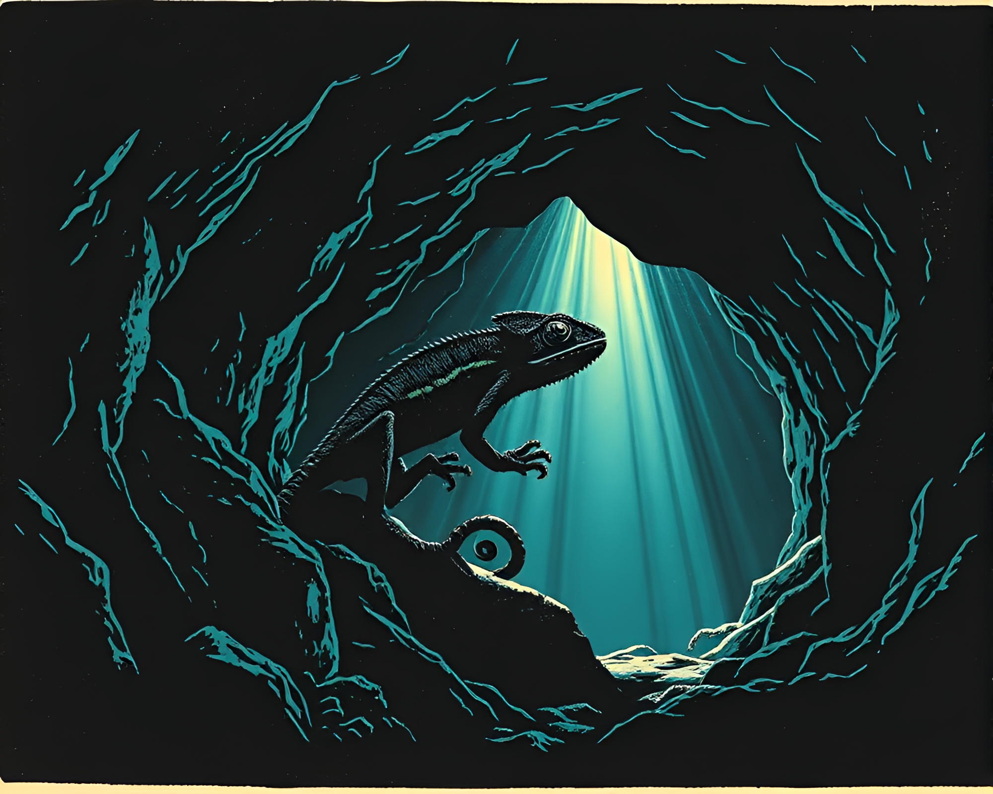 Mystical Chameleon in Linocut Cave Entrance – free AI stock image