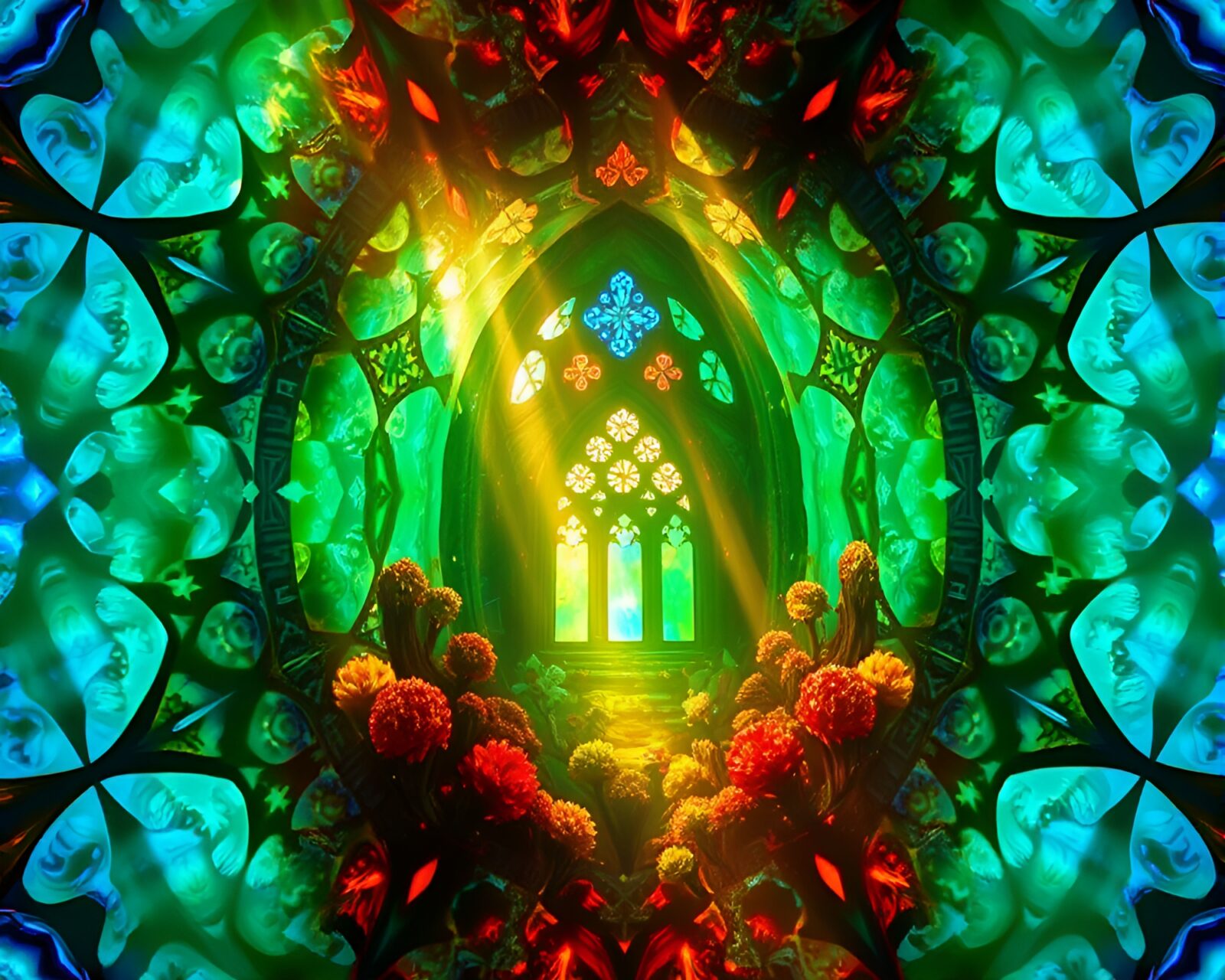 Colorful kaleidoscope fragments in a mystical underwater reef