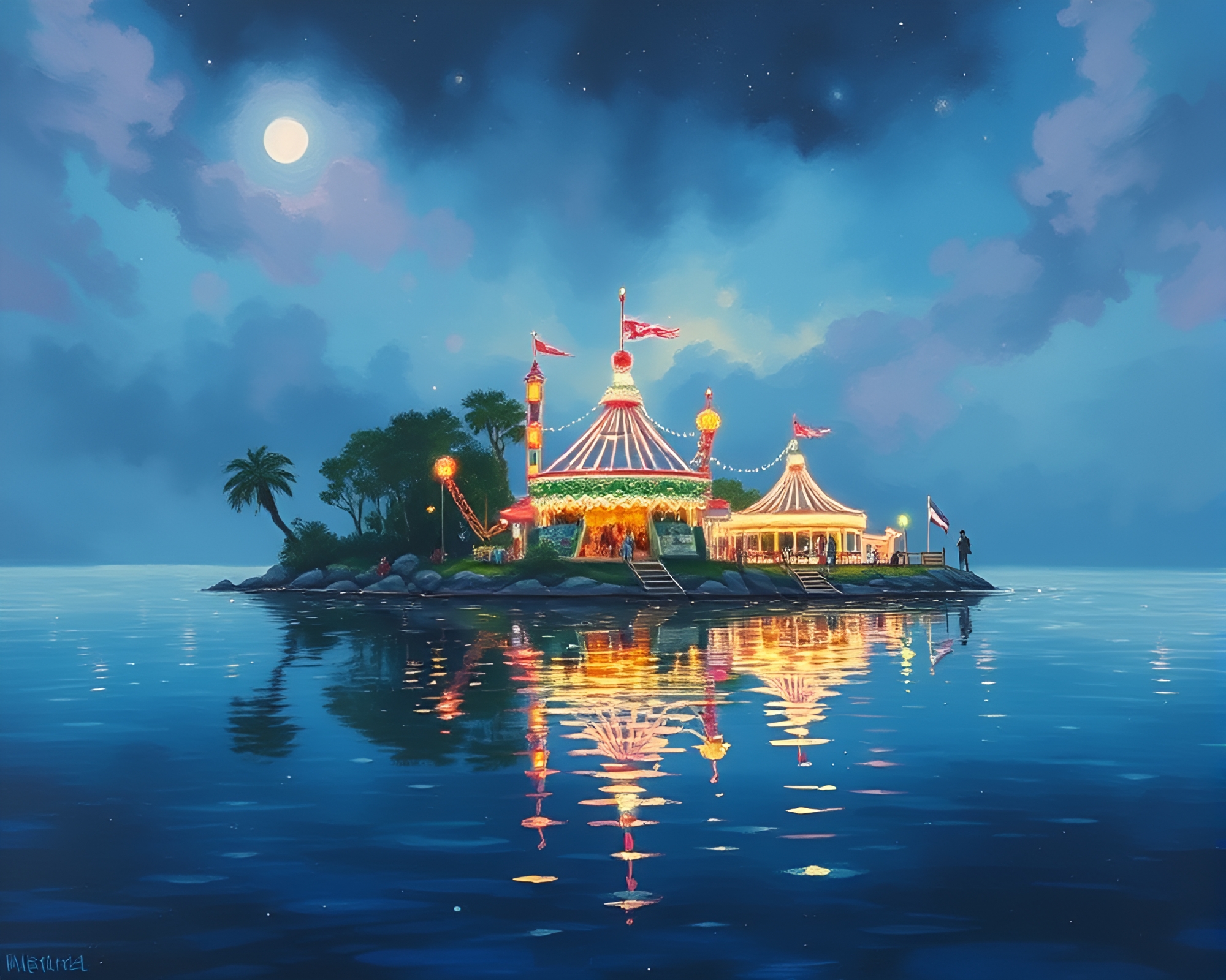 Carnival Lights Illuminating Floating Island Amid Water Distortion – free AI stock image