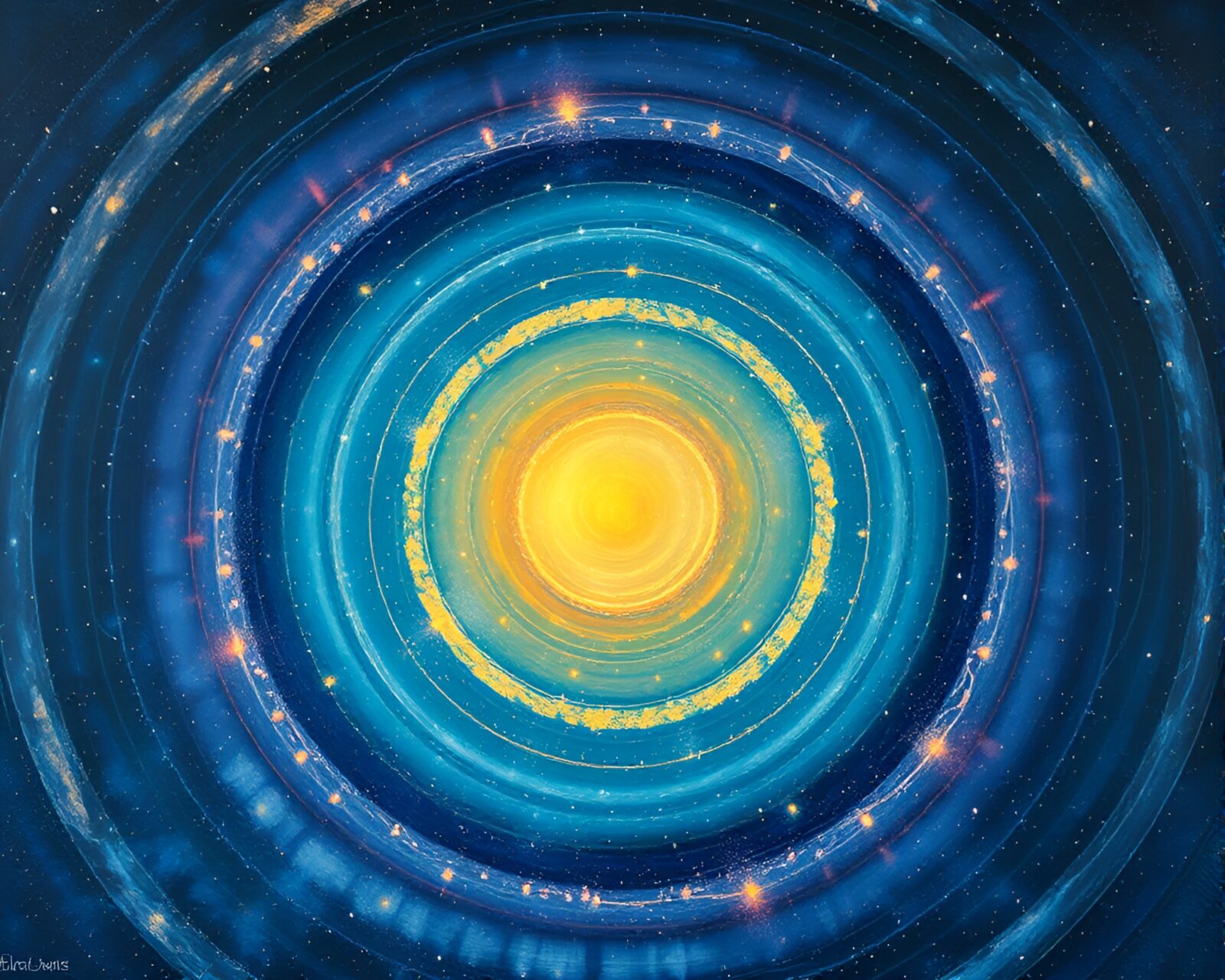 A mesmerizing sky garden with glowing concentric fresco circles