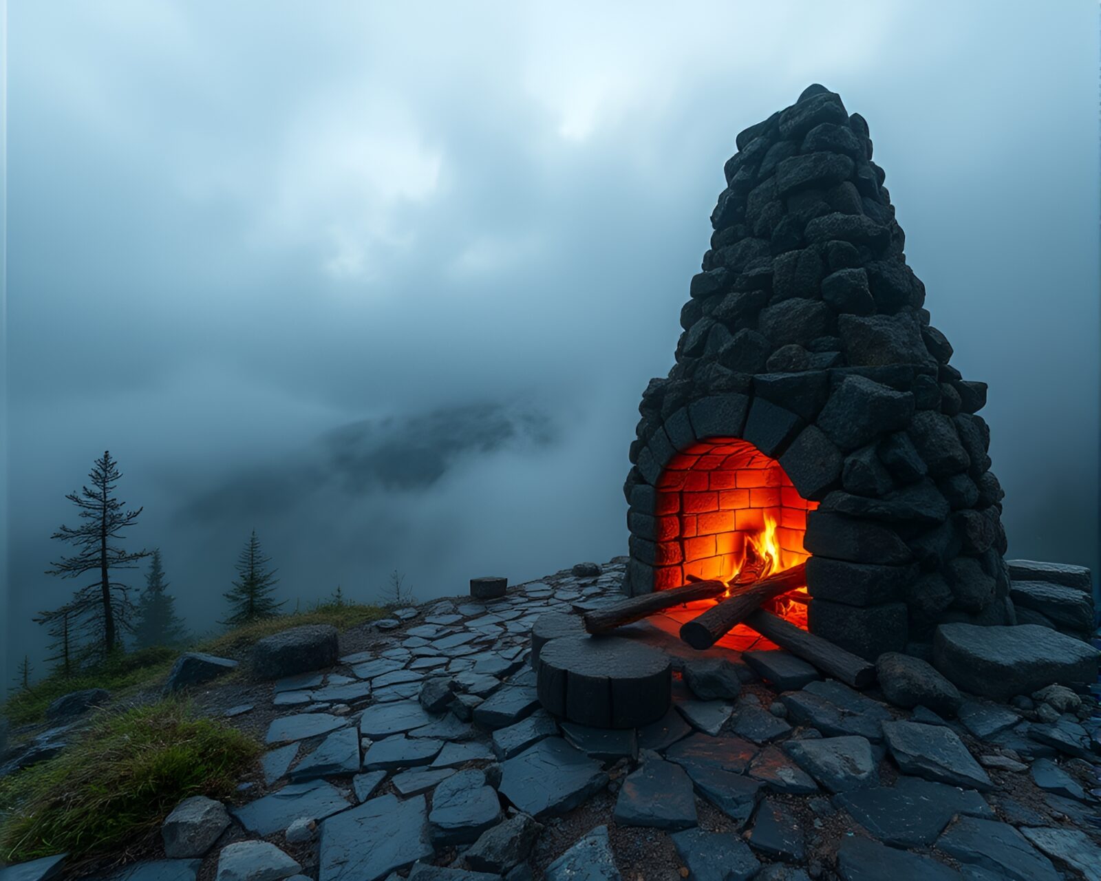Wide-angle image of fireplace flicker casting shadows on scattered broken mosaic fragments near misty mountain