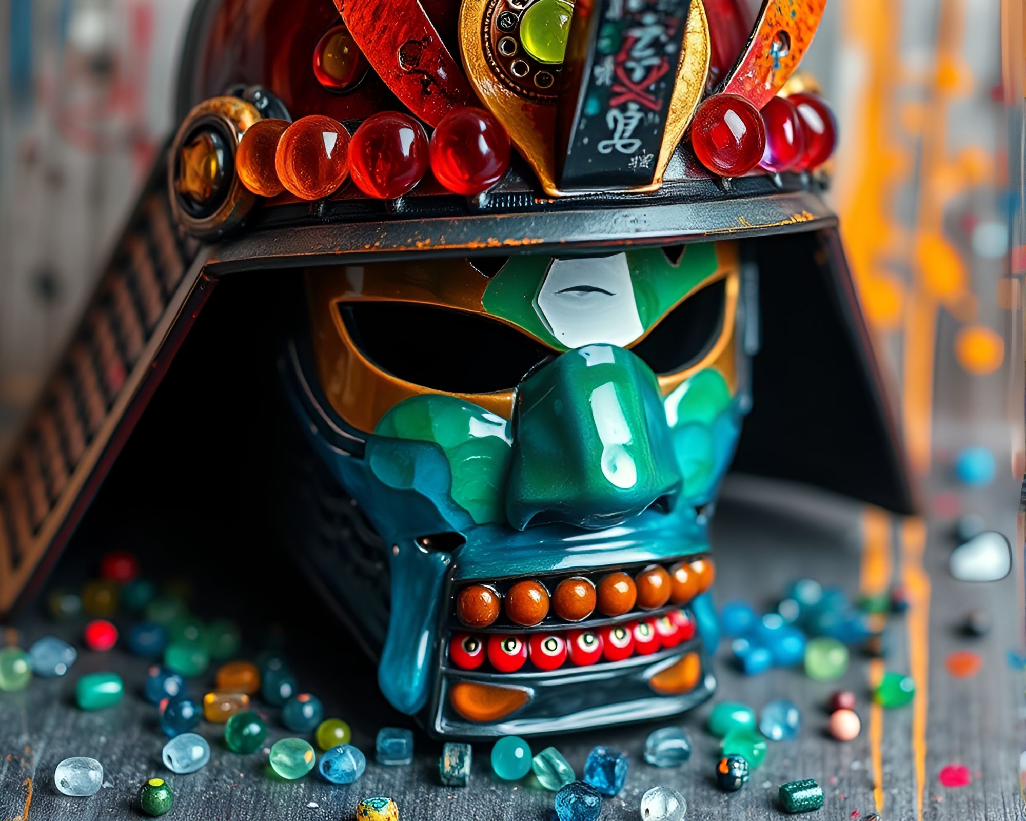 Samurai Helmet under Pastel Graffiti Skies – free AI stock image