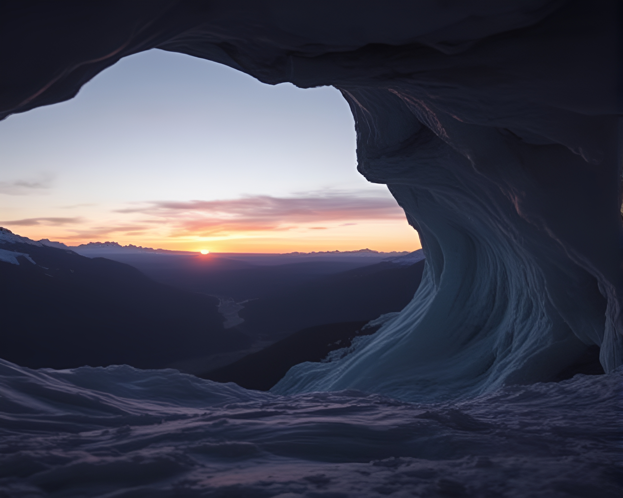 Glacial Cave Silhouette at Sunset Minimalist Design – free AI stock image
