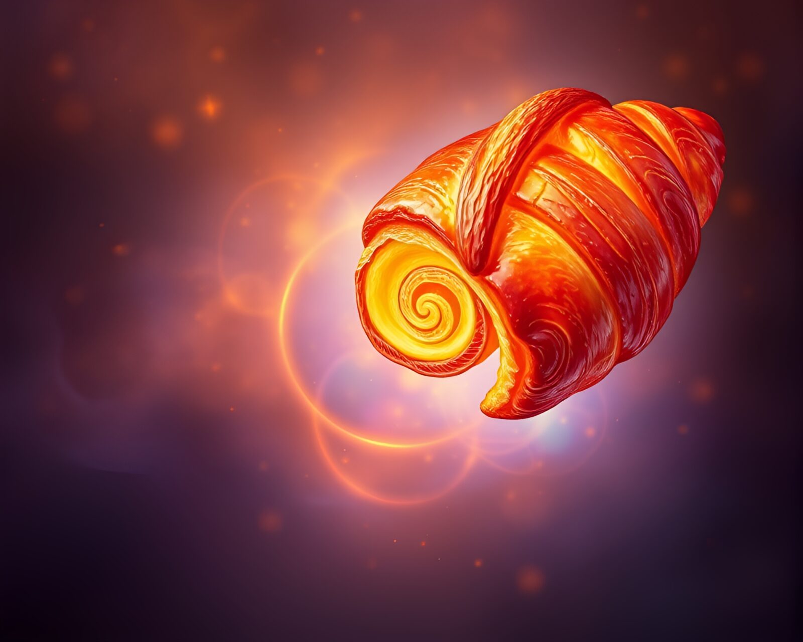Spiral croissant with vibrant aurora-colored lights in crosshatch shading