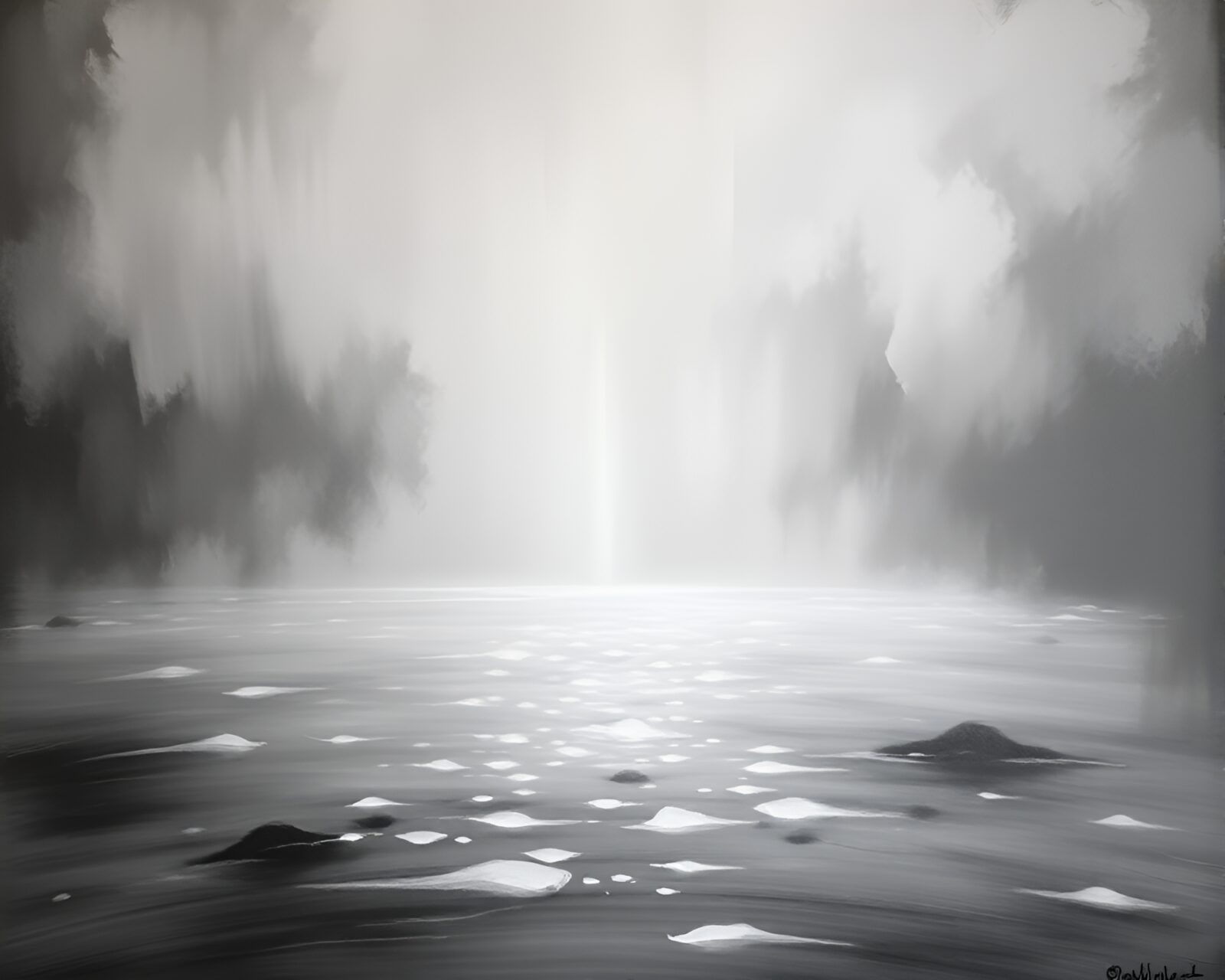 Graphite gray mural painting of Savage river in mist