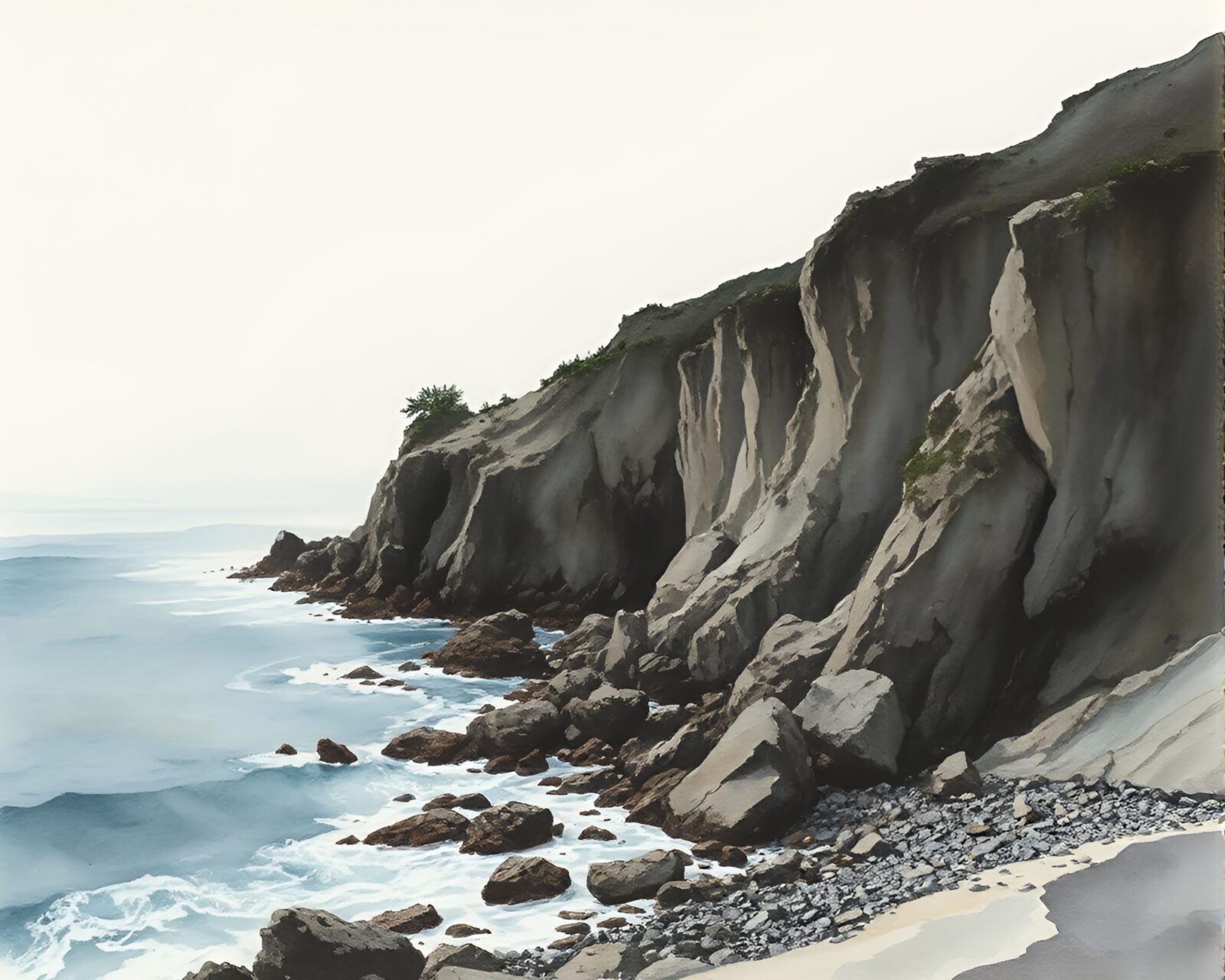 Egg tempera art of coastline with dramatic ink wash drips