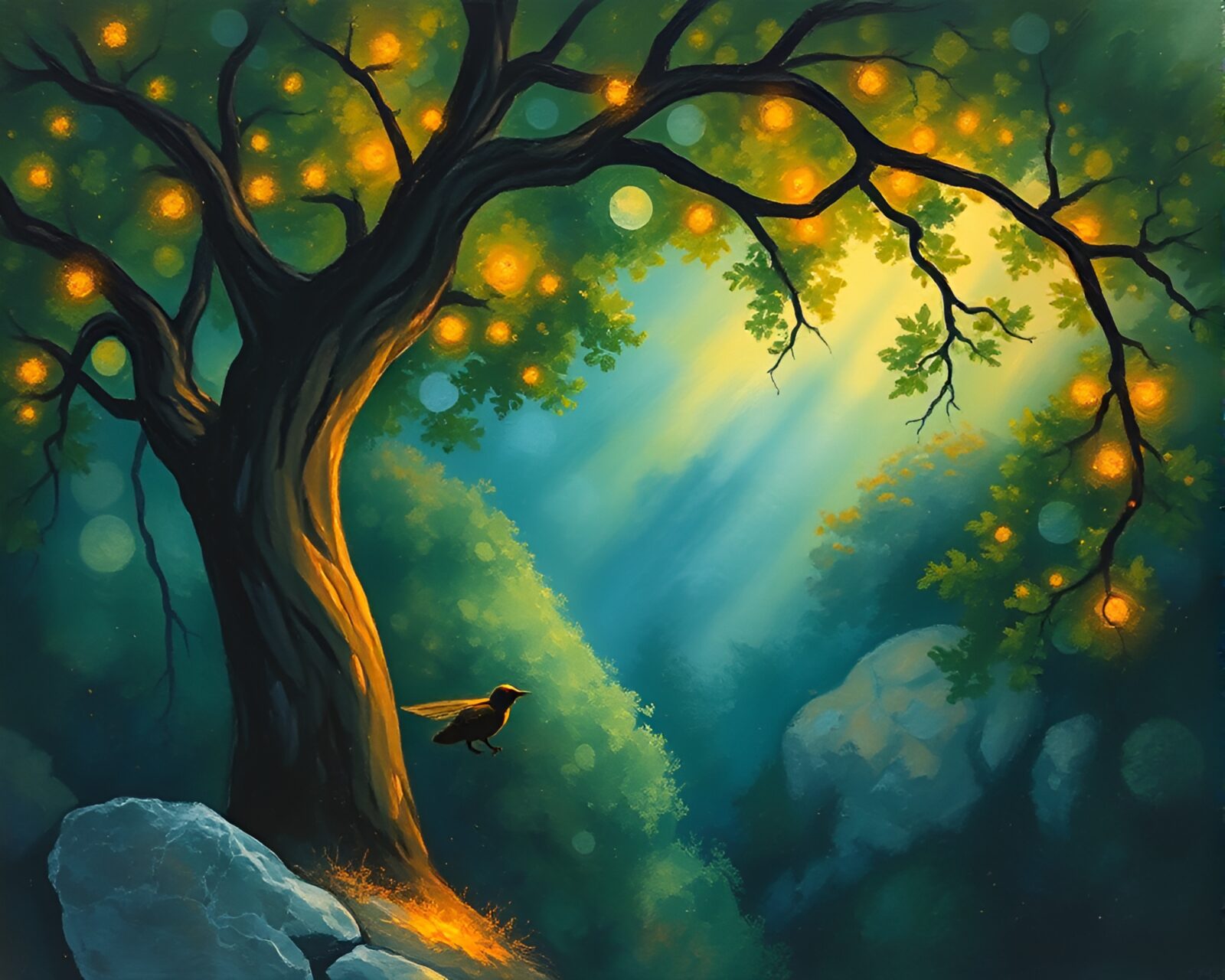 Bird's eye view impressionist scene of glowing forest