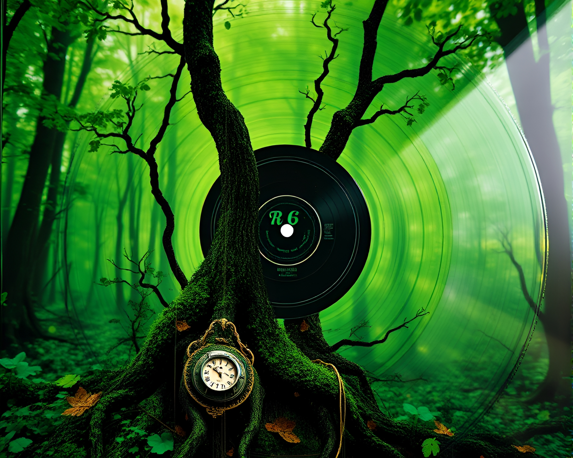 Glitch Artifacts on Enchanted Forest Green Vinyl Record – free AI stock image