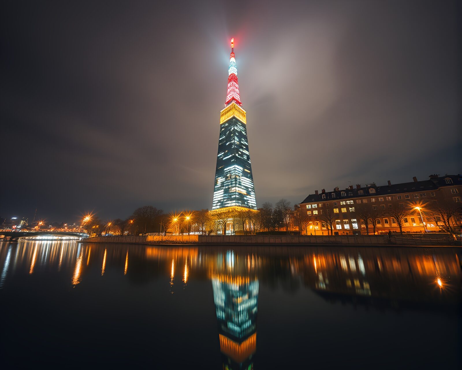 Long exposure photo of a bright tower reflecting light
