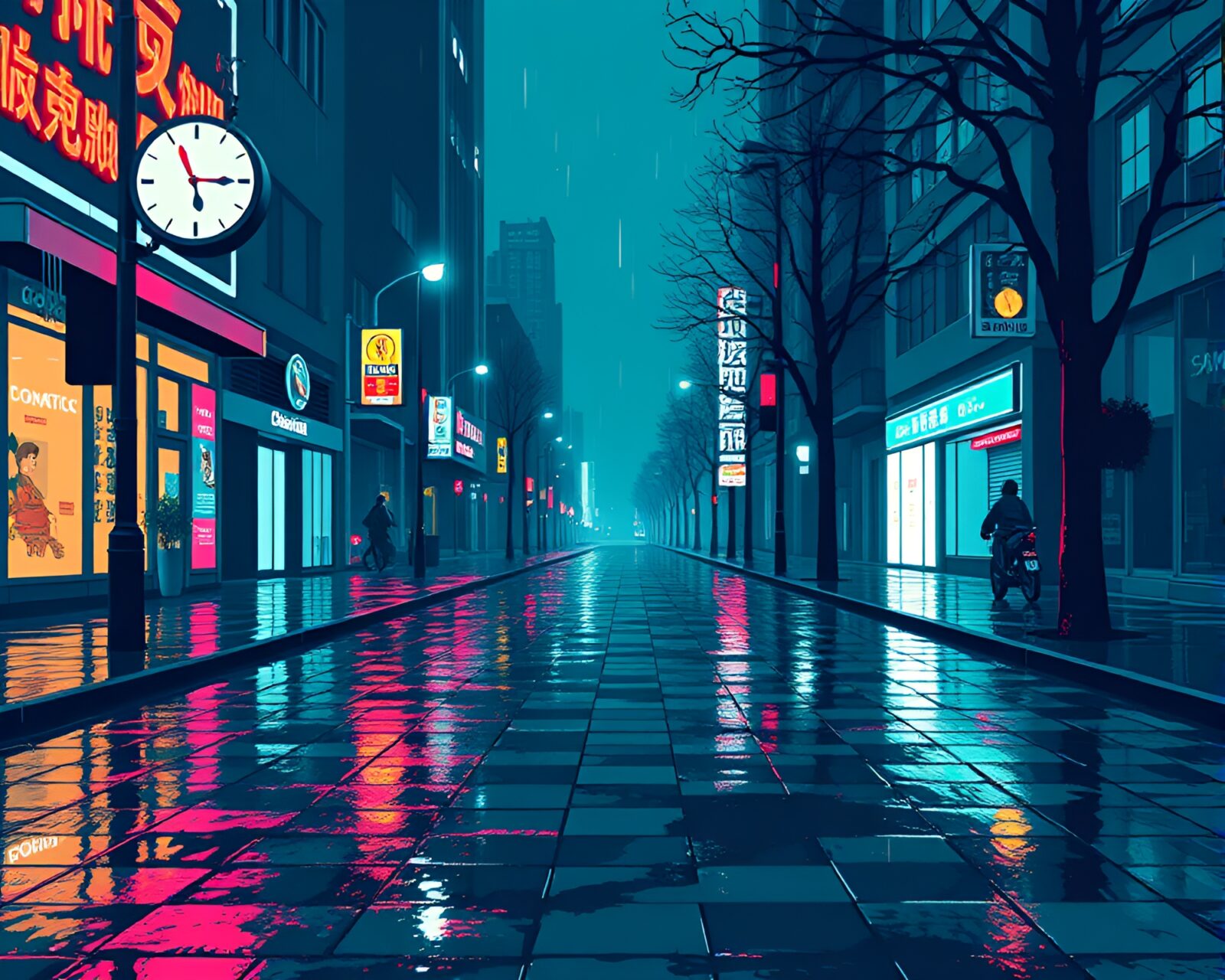 Retro pixel art of a chrono clock on wet ground