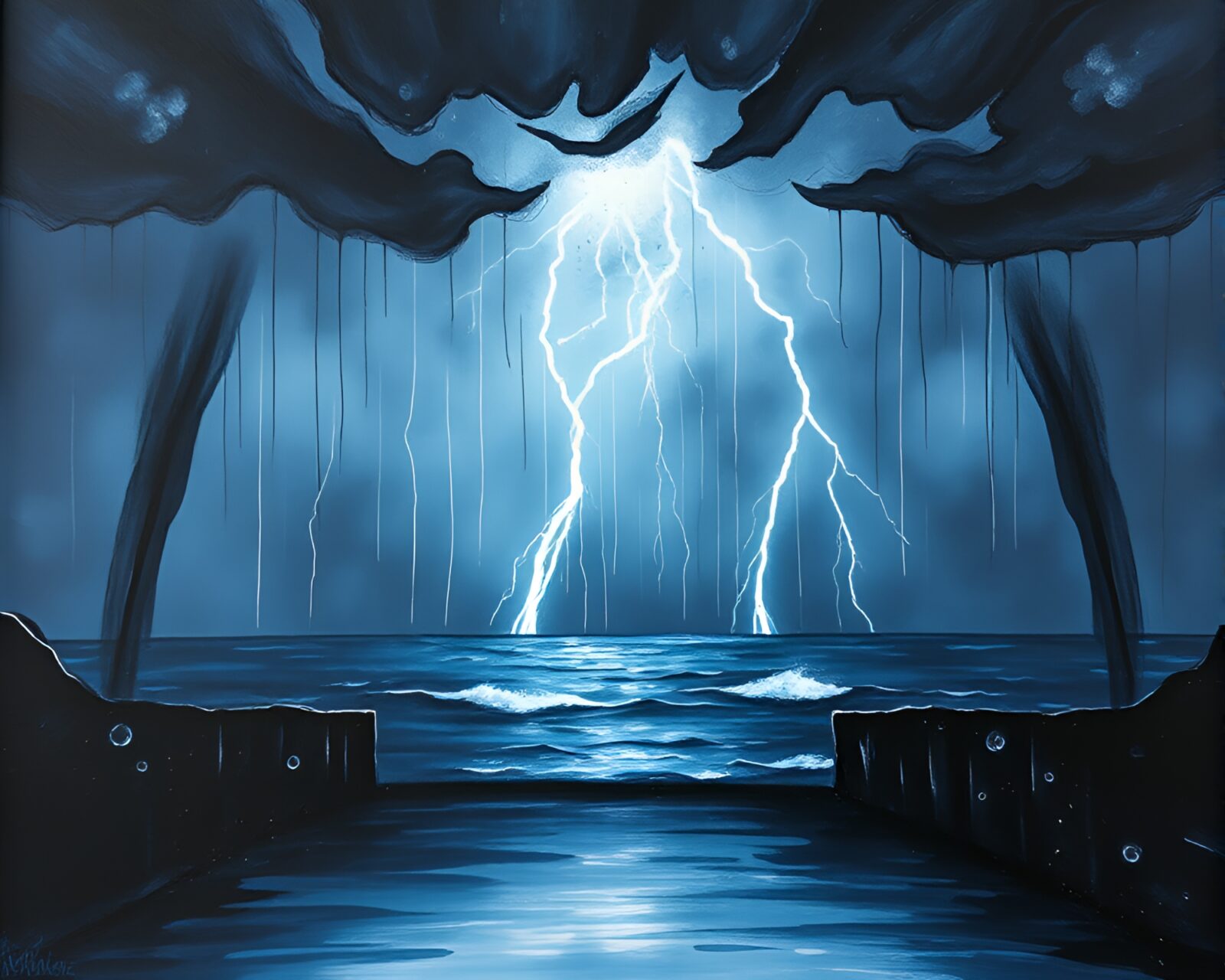Dramatic thunderstorm over ocean portrayed in artistic chalkboard drawing