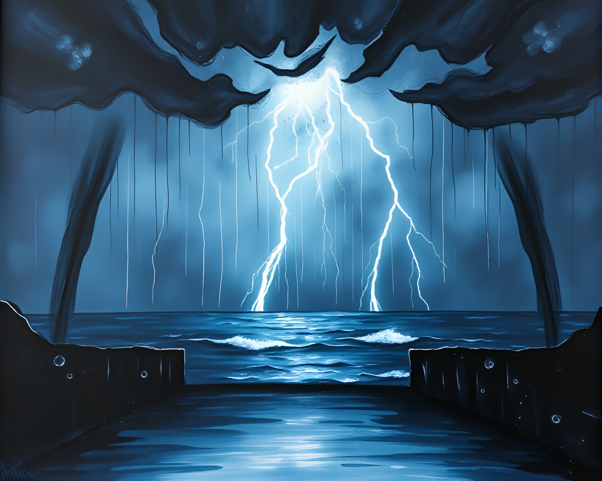 Ink Wash Thunderstorm: Ocean Spotlight Art – free AI stock image
