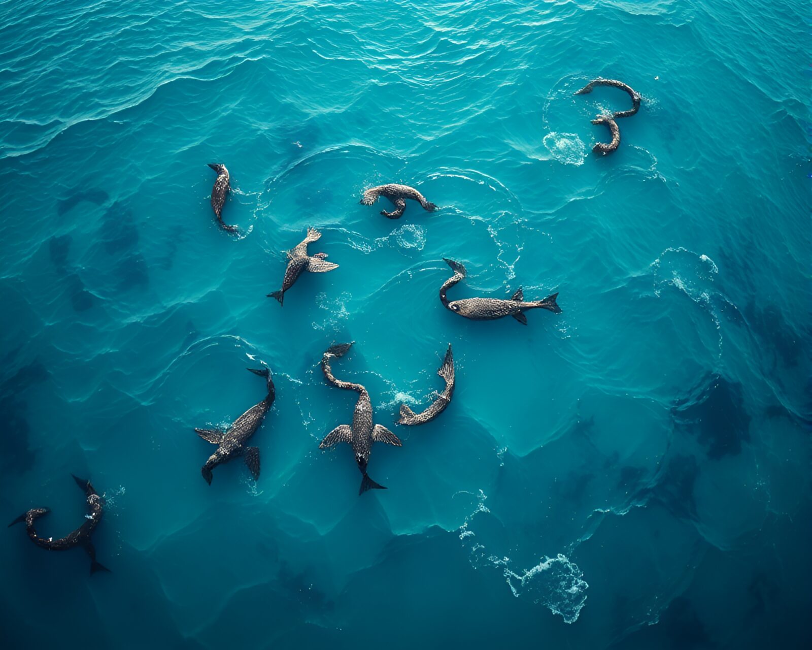 A serene turquoise scene reflecting quantum ripples from above