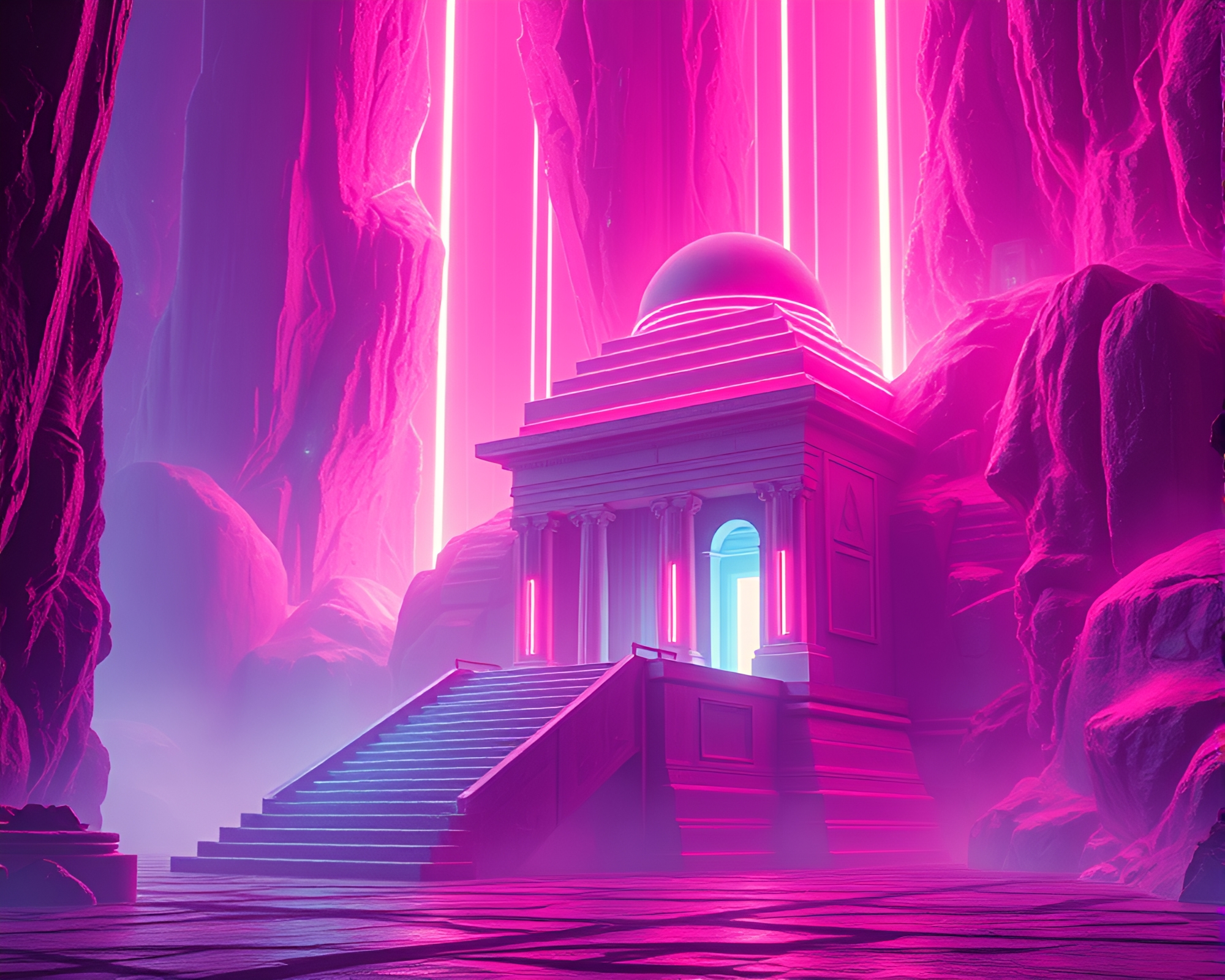 Neon Cybernetic Temple glows in negative space – free AI stock image