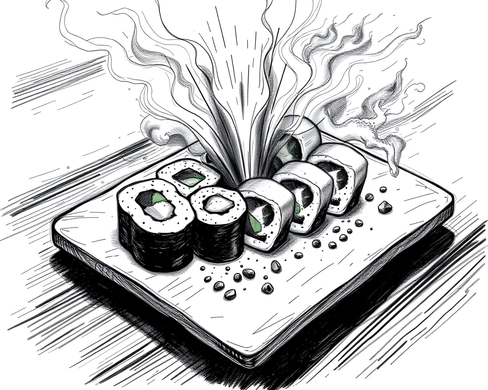 Artistic charcoal sketch of a sushi platter in blue hues