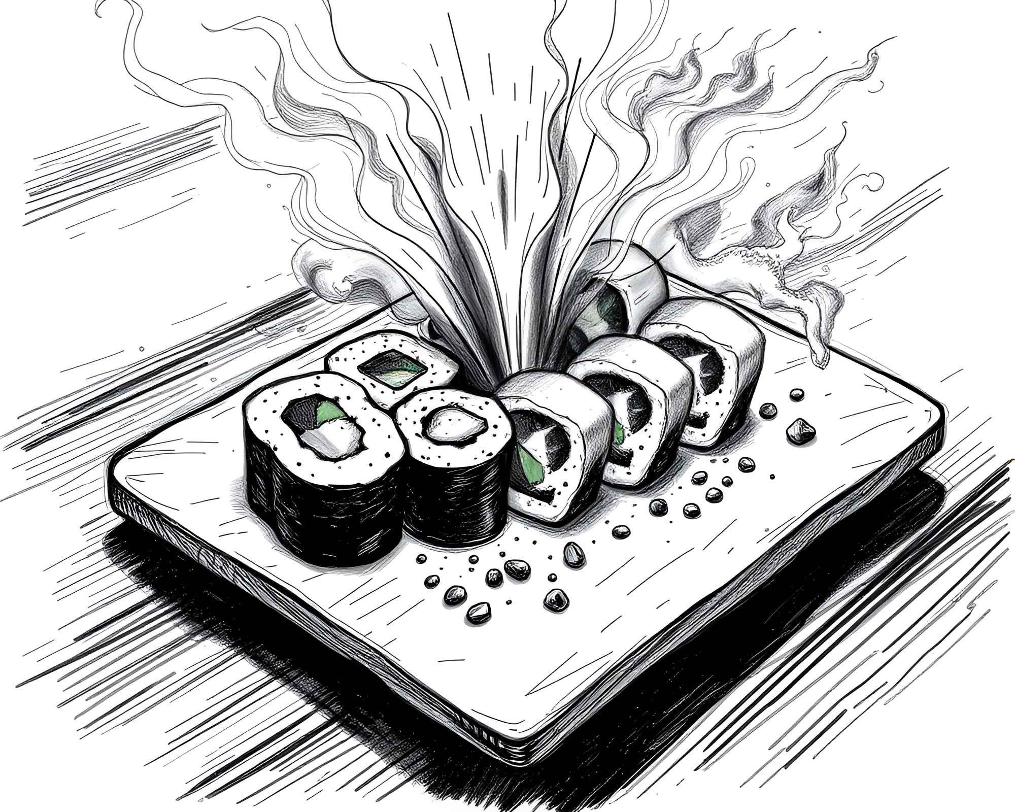 Sushi Platter Zoom Burst in Monochrome Blue Charcoal Sketch – free AI stock image