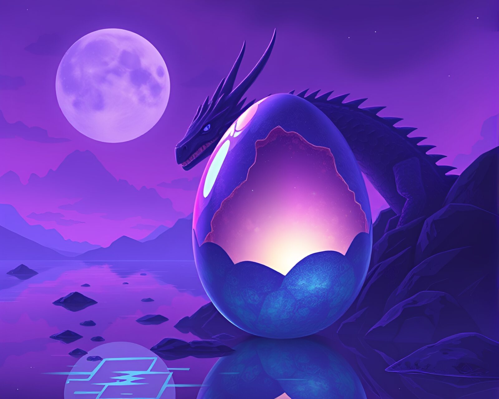 Illustration of a glowing dragon egg in futuristic setting