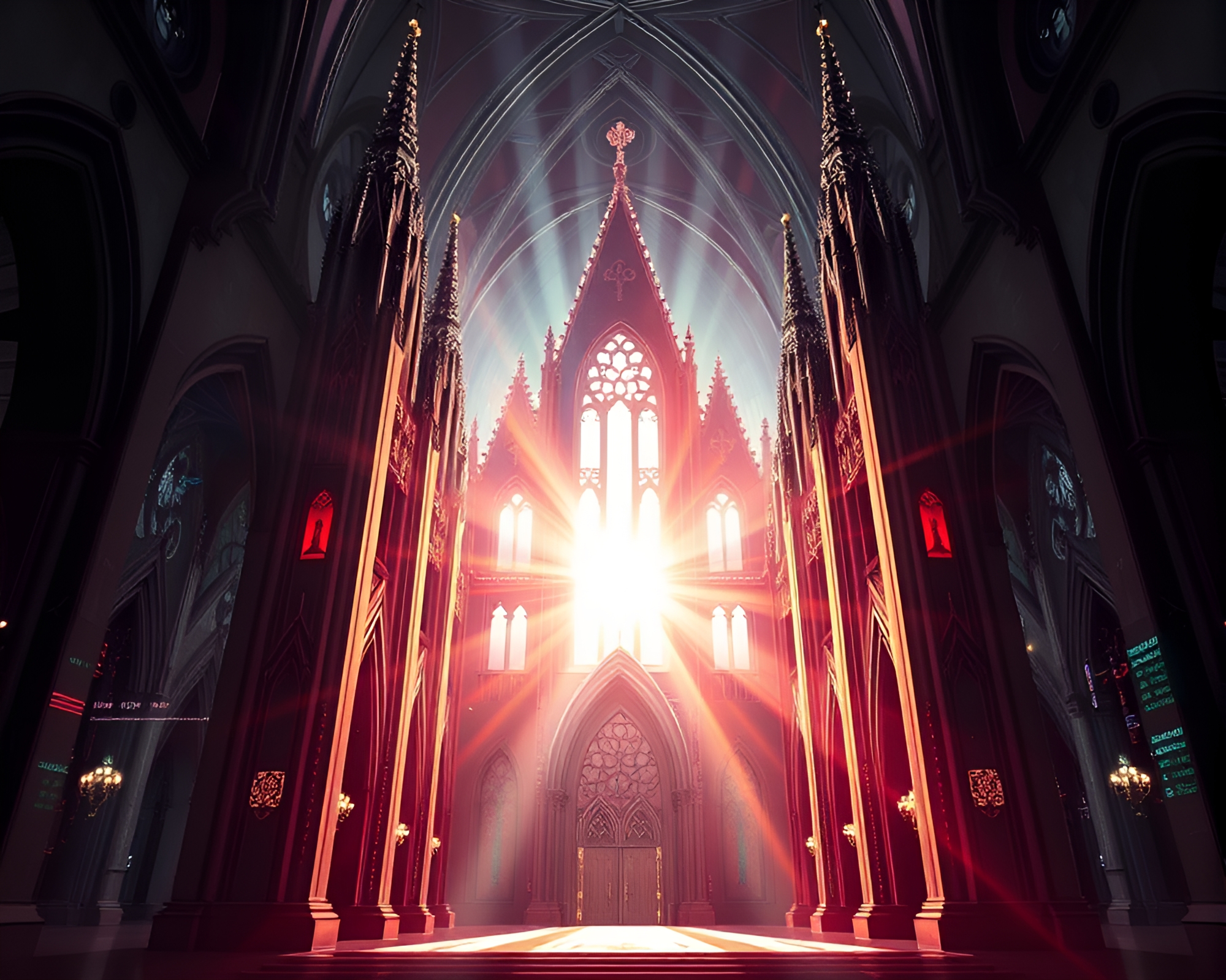 Futuristic Gothic Cathedral with Starburst Hues – free AI stock image