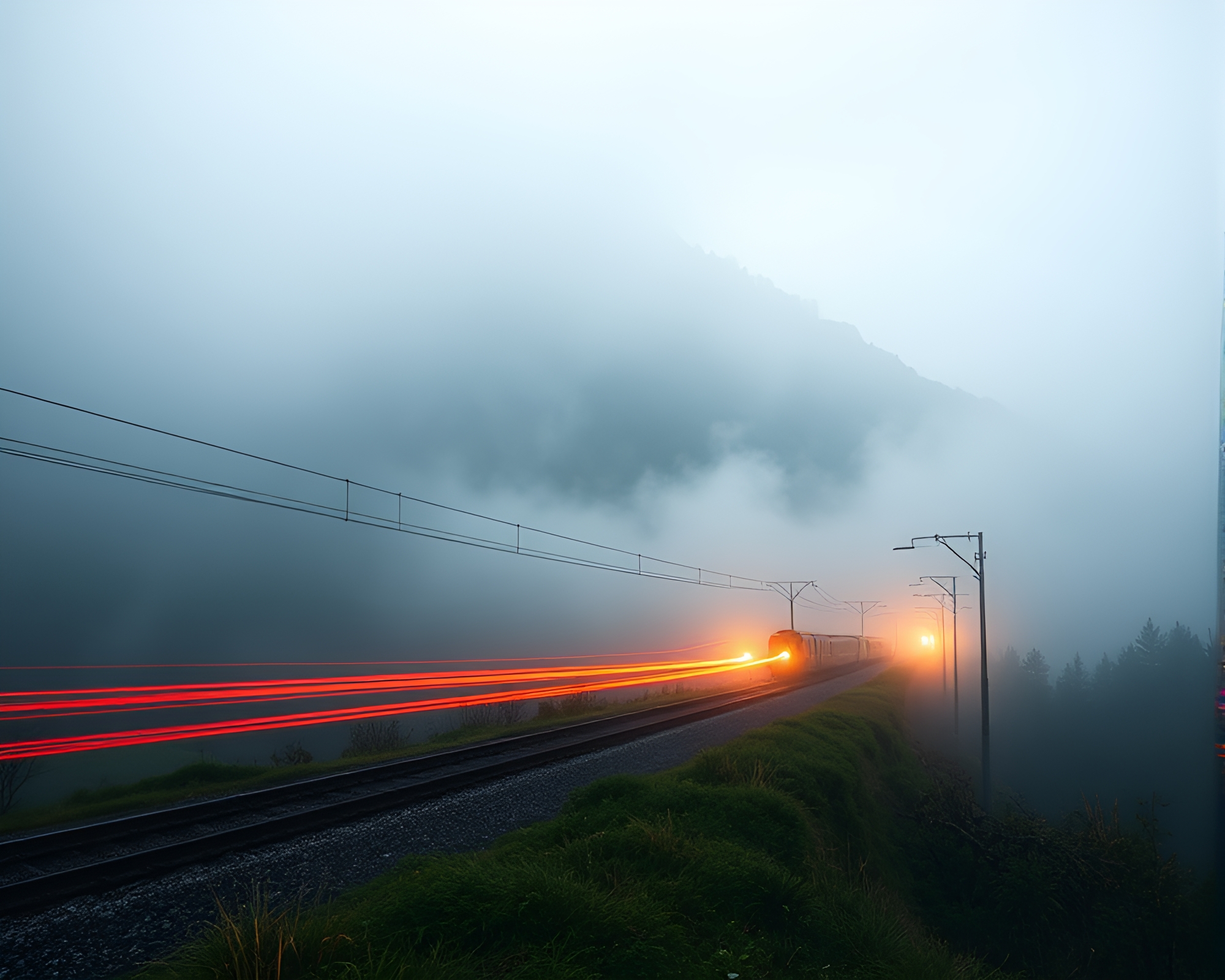 Foggy Mountain Train Light Trails Artwork – free AI stock image