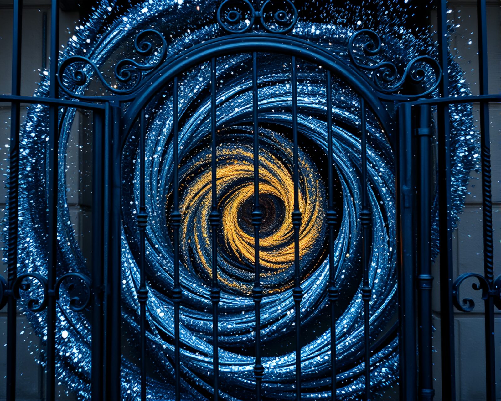 Intricate kinetic art piece with metallic flake sparkle effects